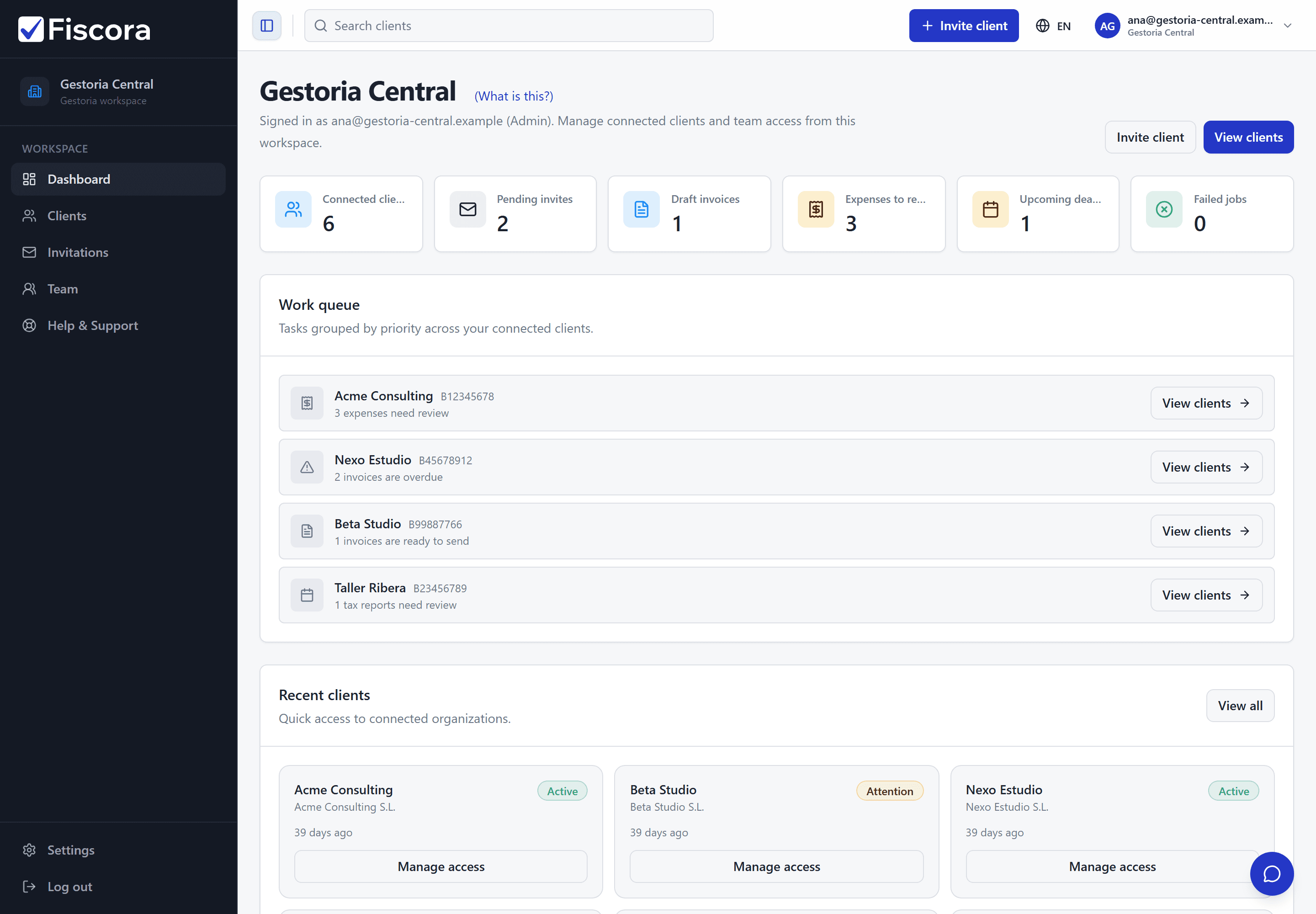The Fiscora firm dashboard: work queue, connected clients, and pending tasks