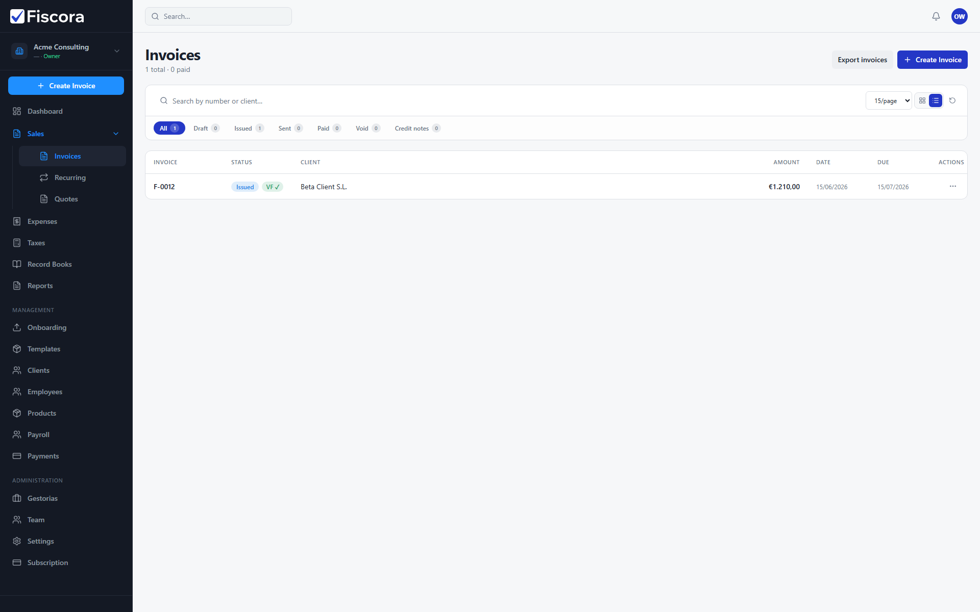 Invoices list with status filters and the Create invoice button.