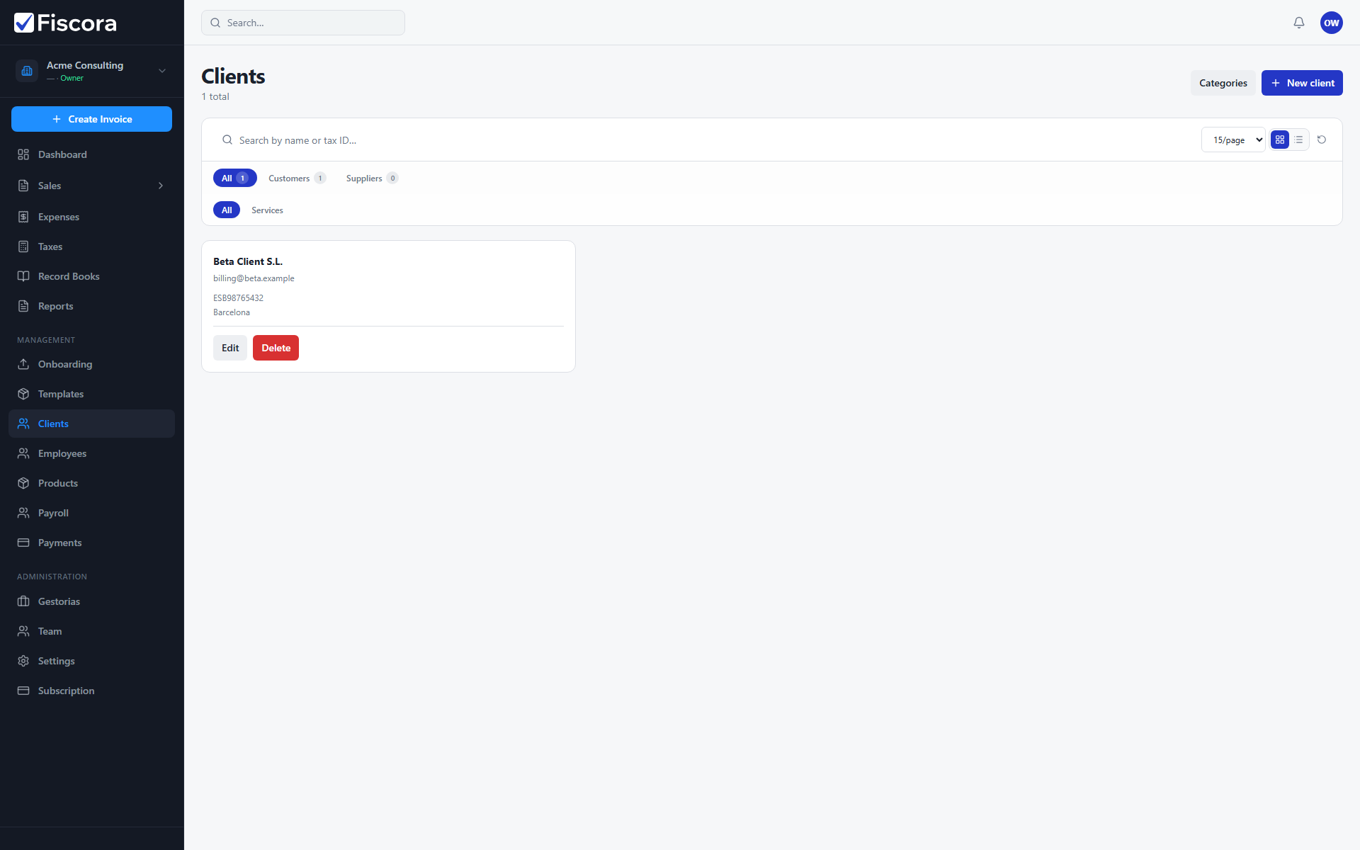 Clients list showing existing customer cards and the New client action.
