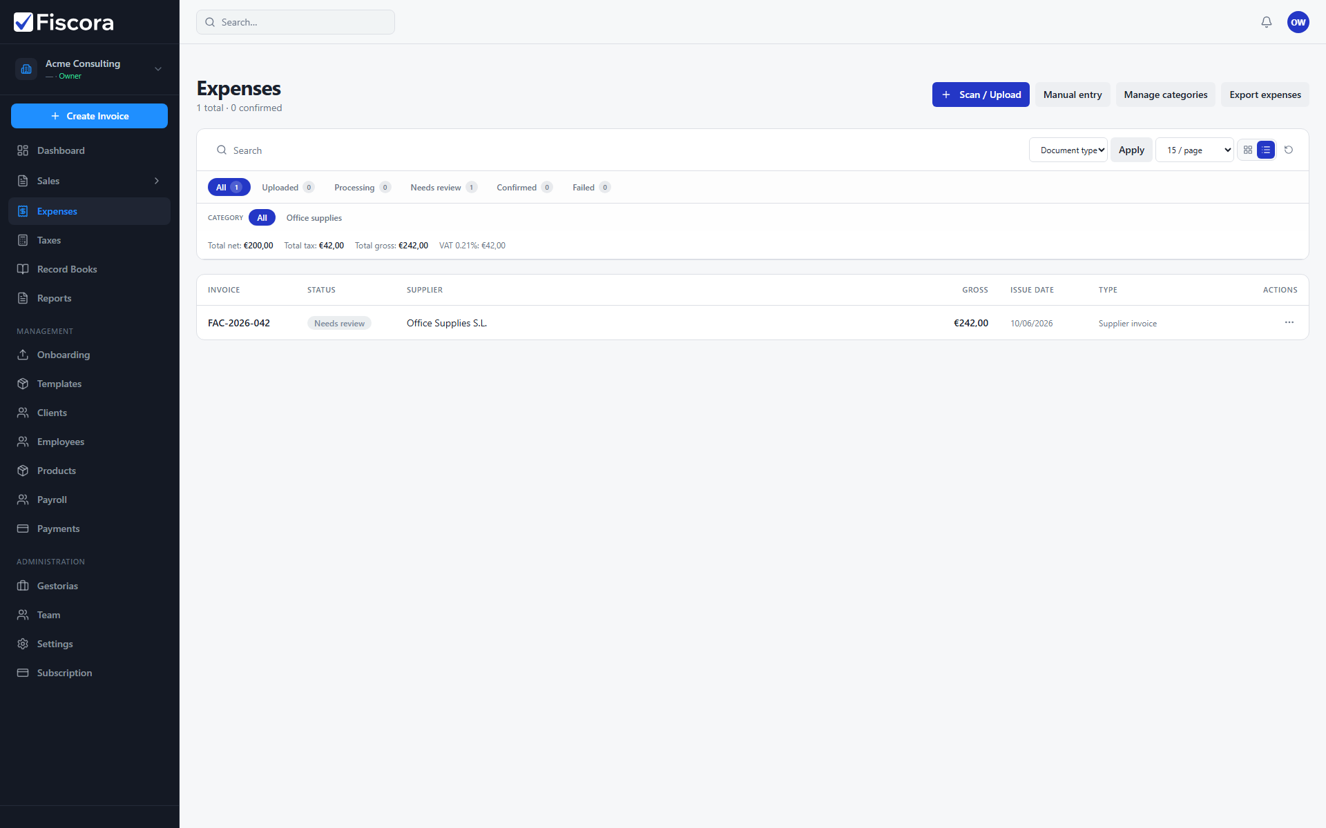 Expenses list with status tabs, filters, and upload actions.