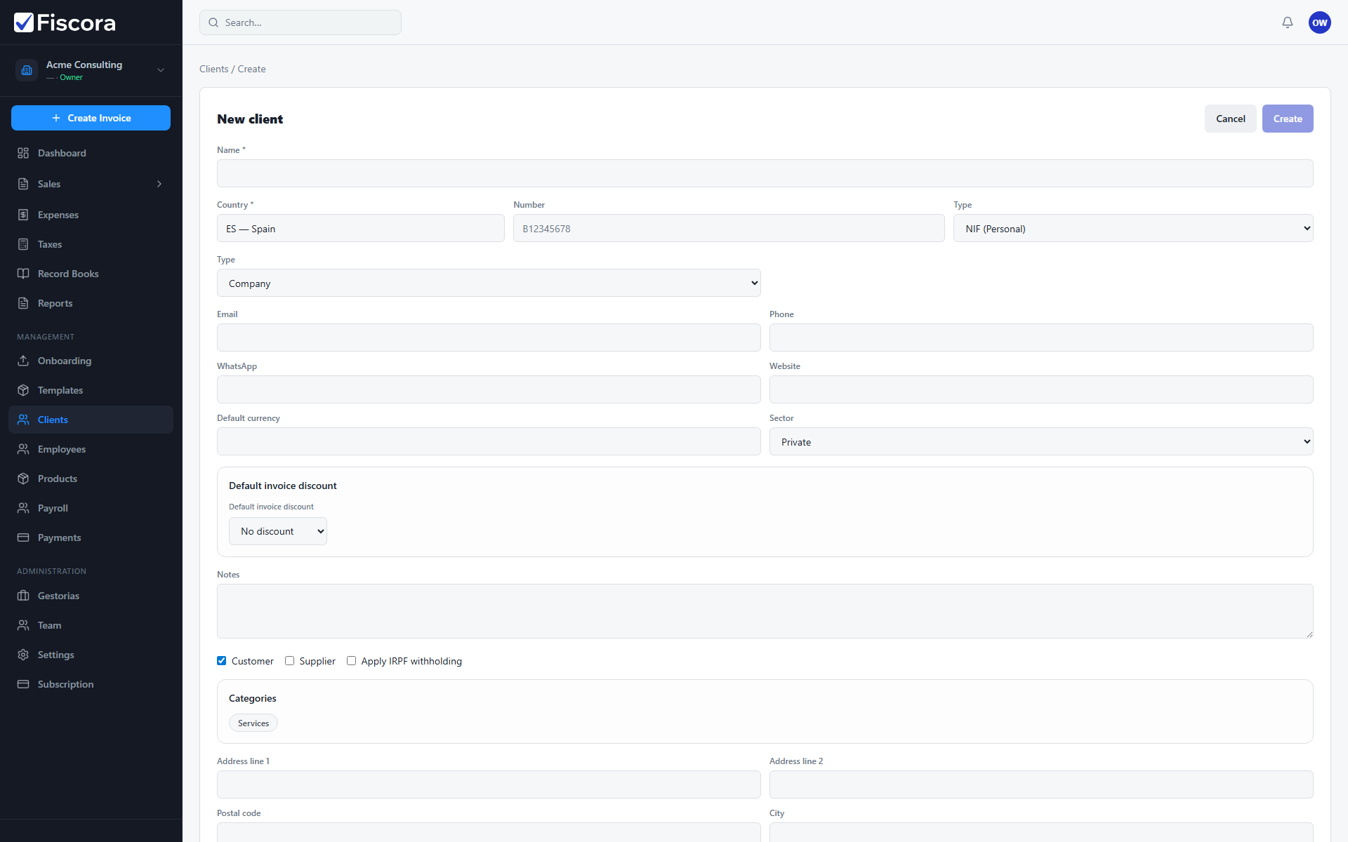 New client form with name, tax ID, and contact fields.