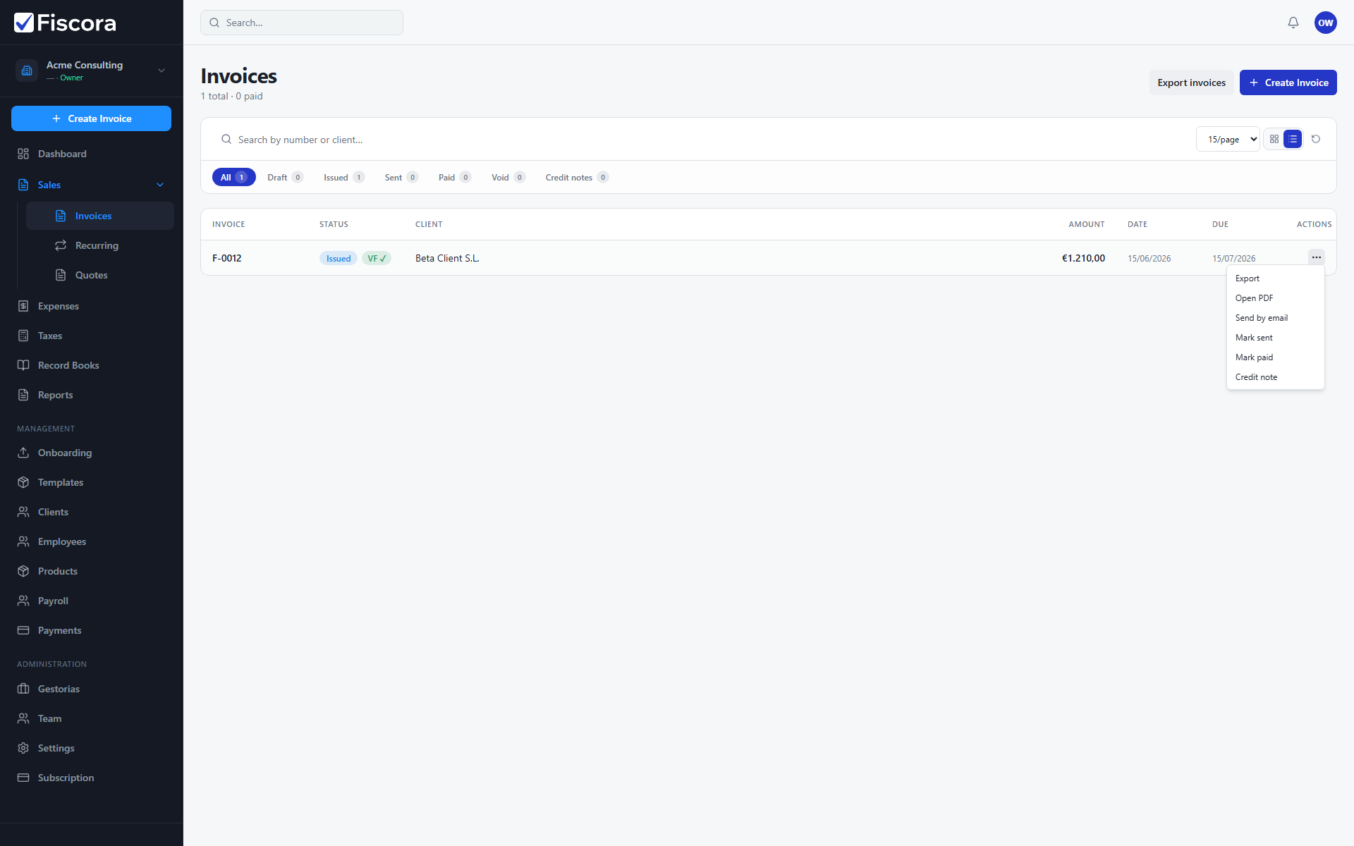 Invoices list where email actions appear in each invoice row menu.