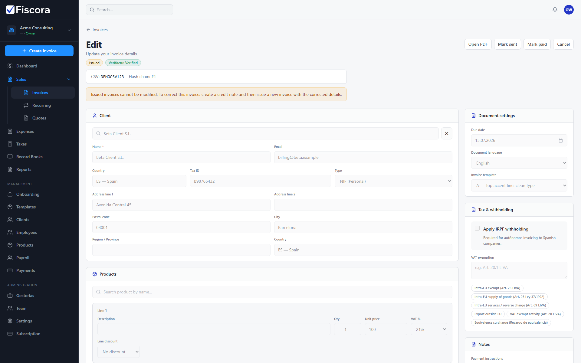 Invoice detail view you can use as a reference while creating a new invoice.