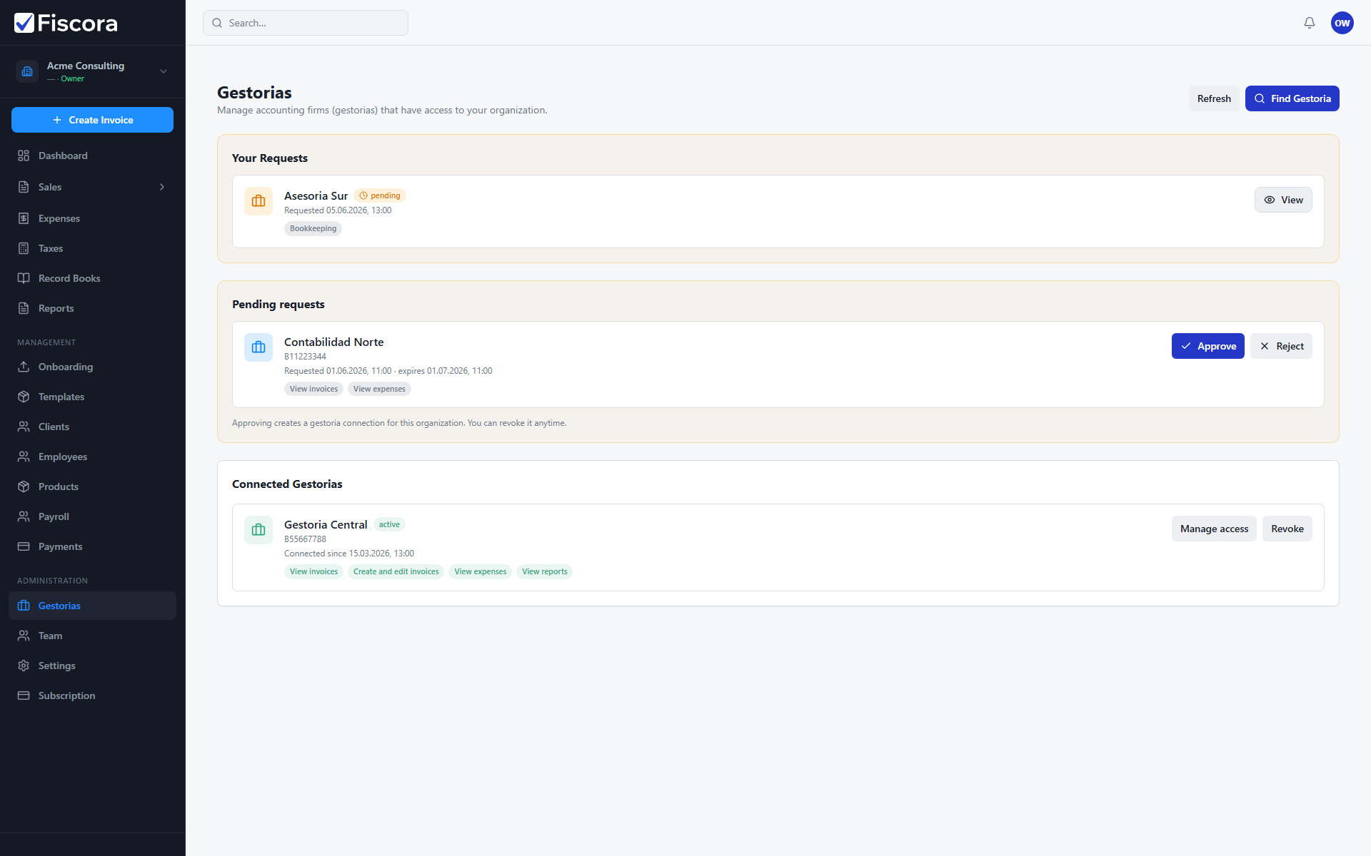 Gestorias page showing connected firms and Manage access for each connection.