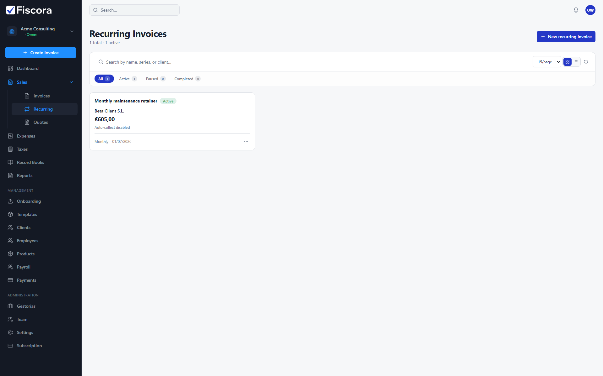 Recurring invoices list with search, status tabs, and New recurring invoice action.