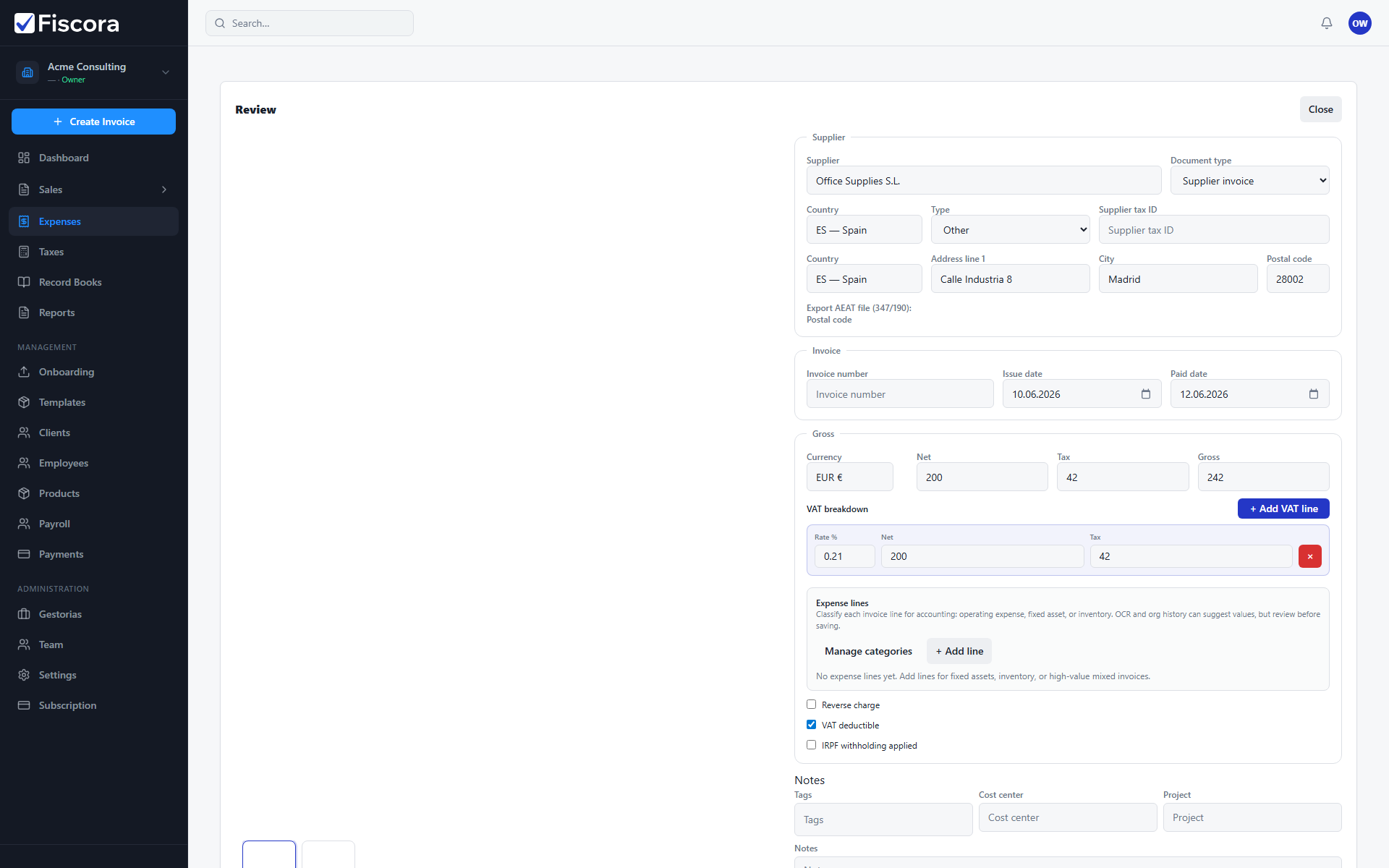 Expense review panel with missing-field warnings and editable supplier fields.