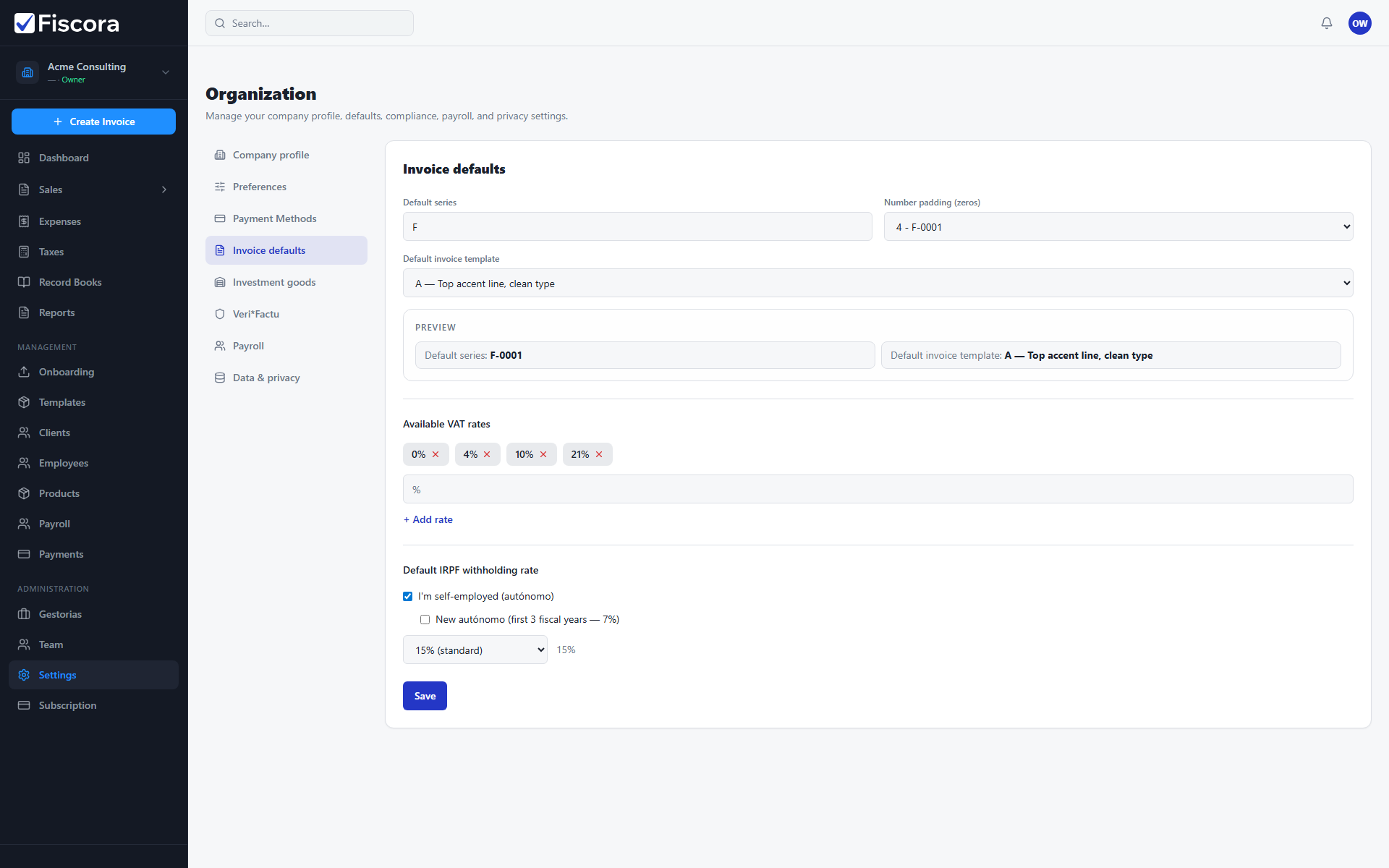 Invoice defaults settings showing available VAT rates and default IRPF withholding.