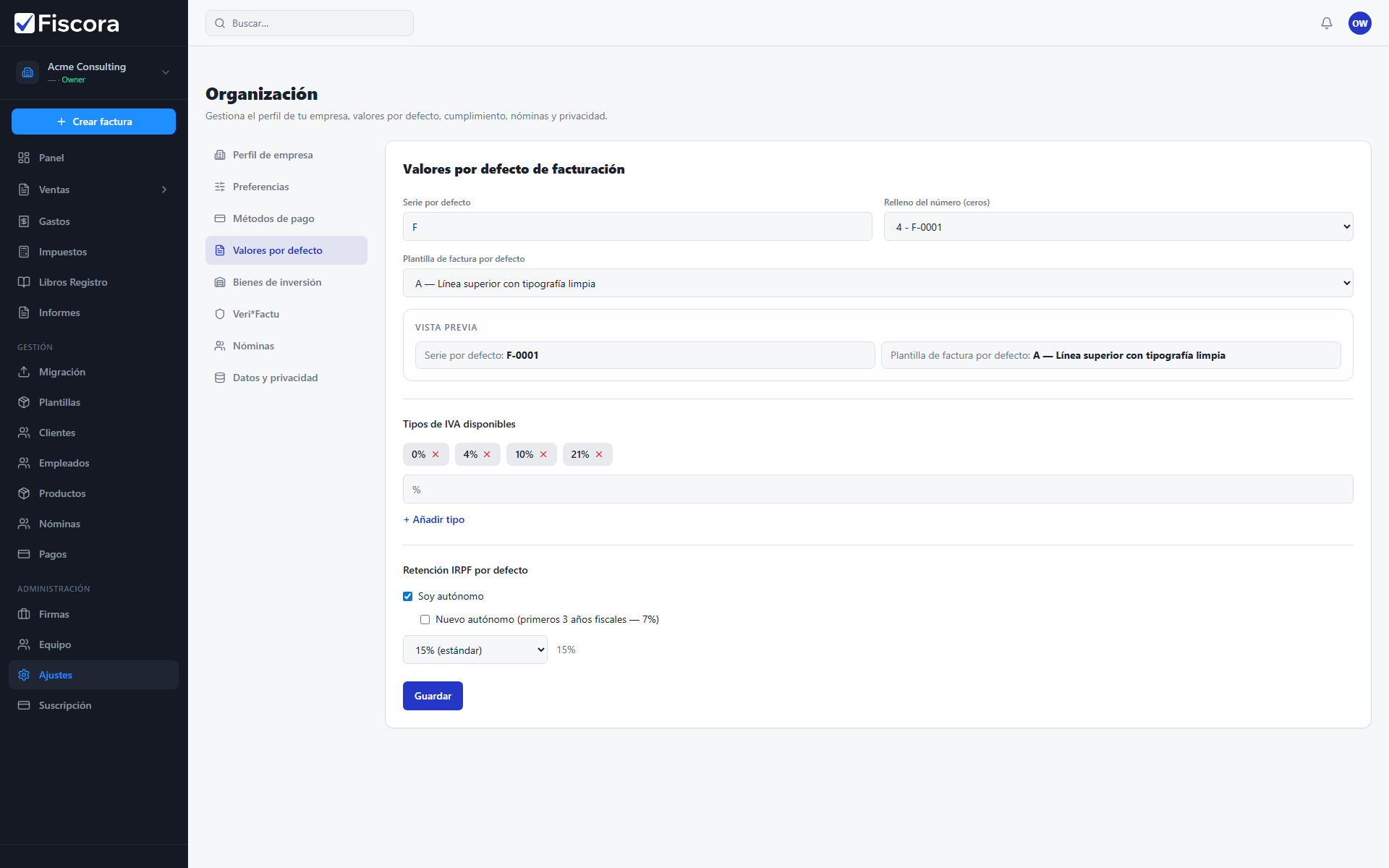 Ajustes de valores por defecto de factura con tipos de IVA disponibles y retención IRPF por defecto.