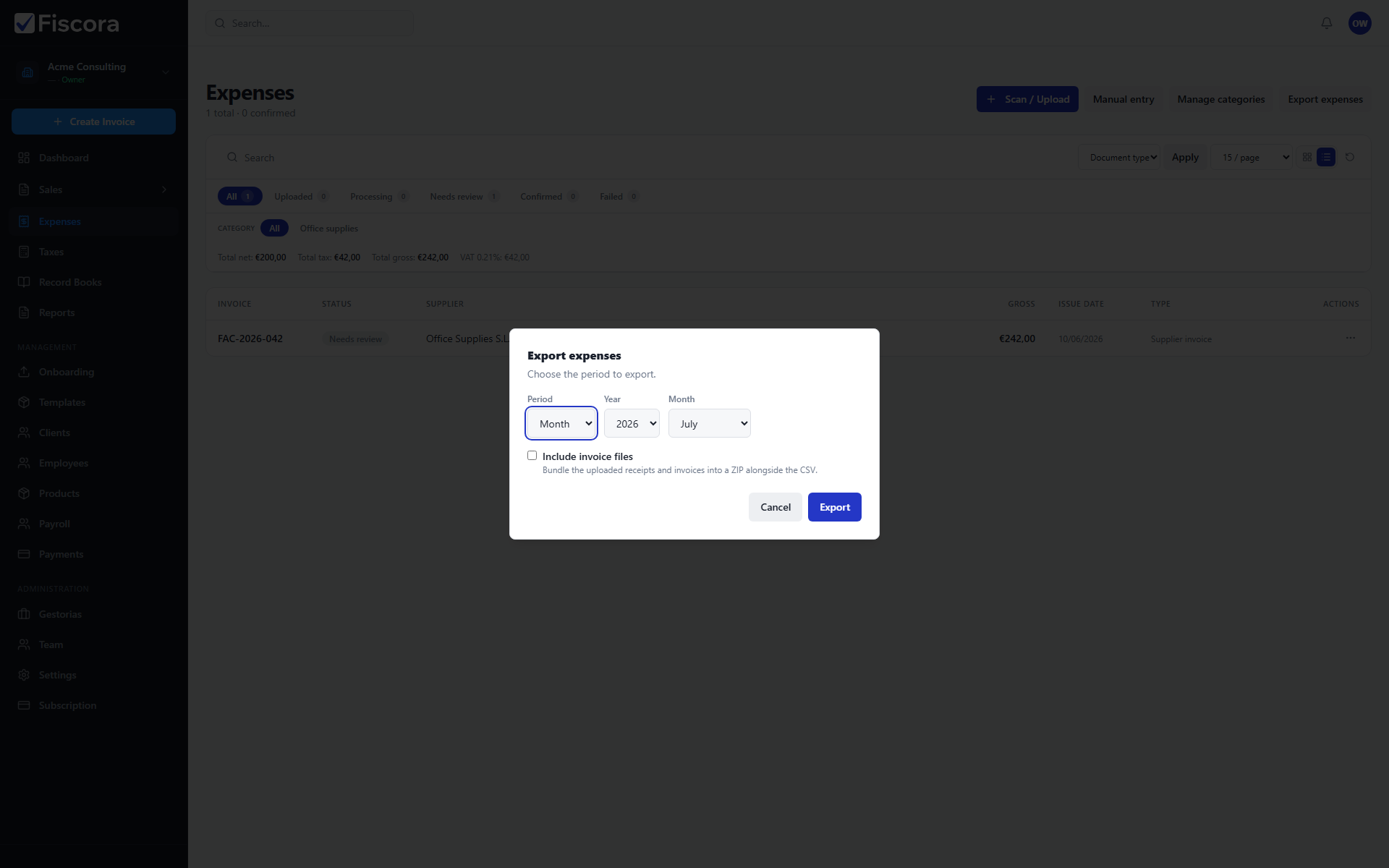 Export expenses dialog with period selectors and include-files option.