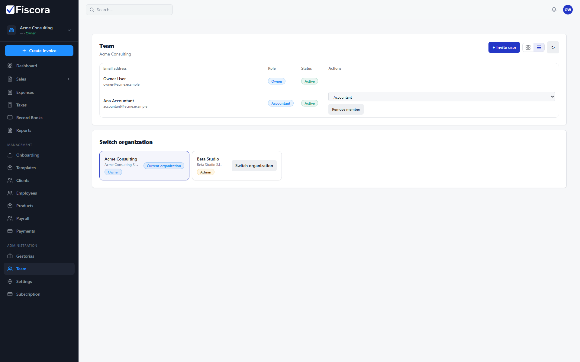 Team page listing workspace members with roles and status badges.