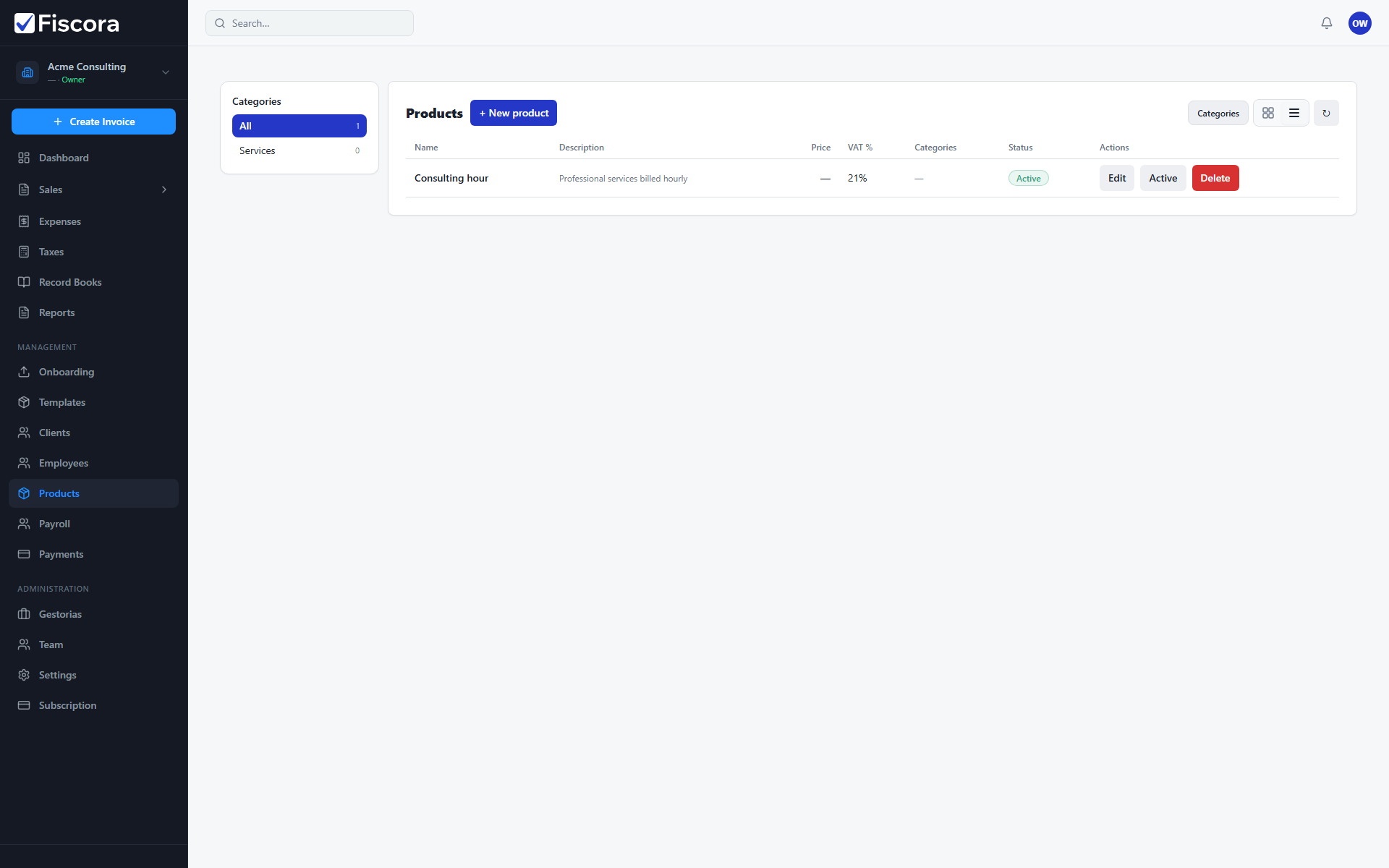 Products list with New product action and catalog items visible.