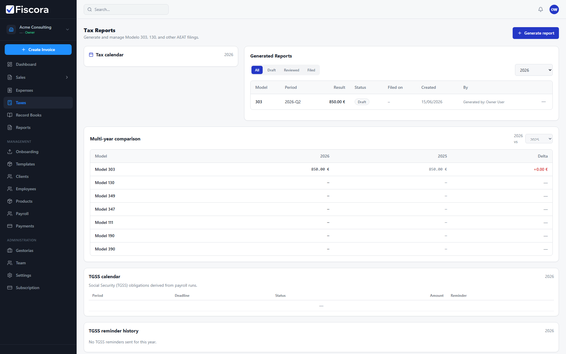 Tax Reports page with Generate report action and draft reports listed.