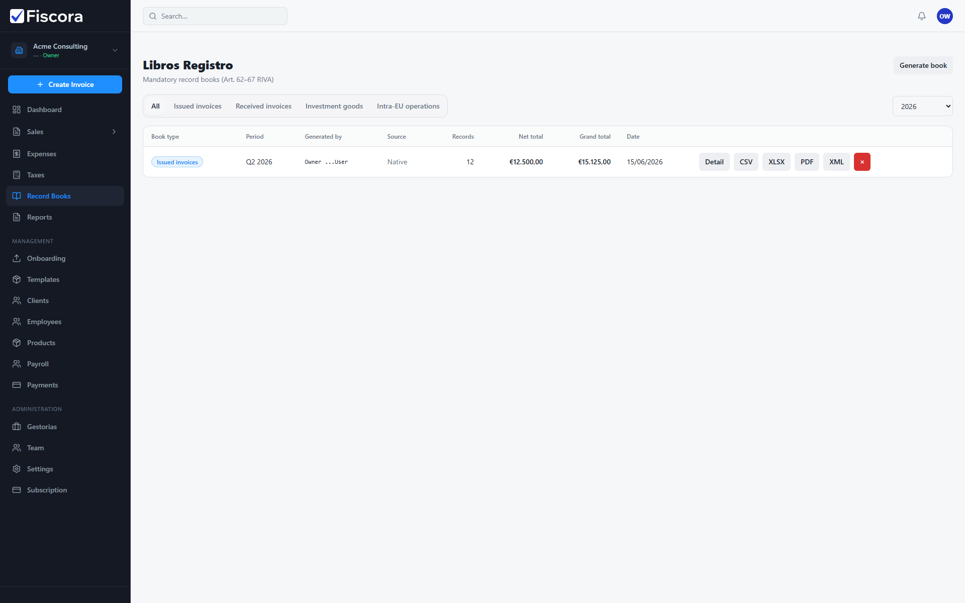Libros Registro page with Generate book action and existing books listed.