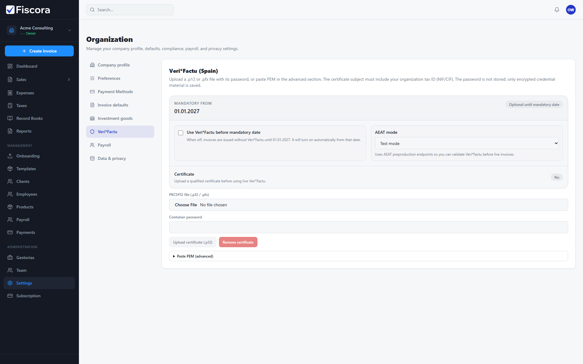 Veri*Factu settings showing mandatory date, AEAT mode, and certificate section.