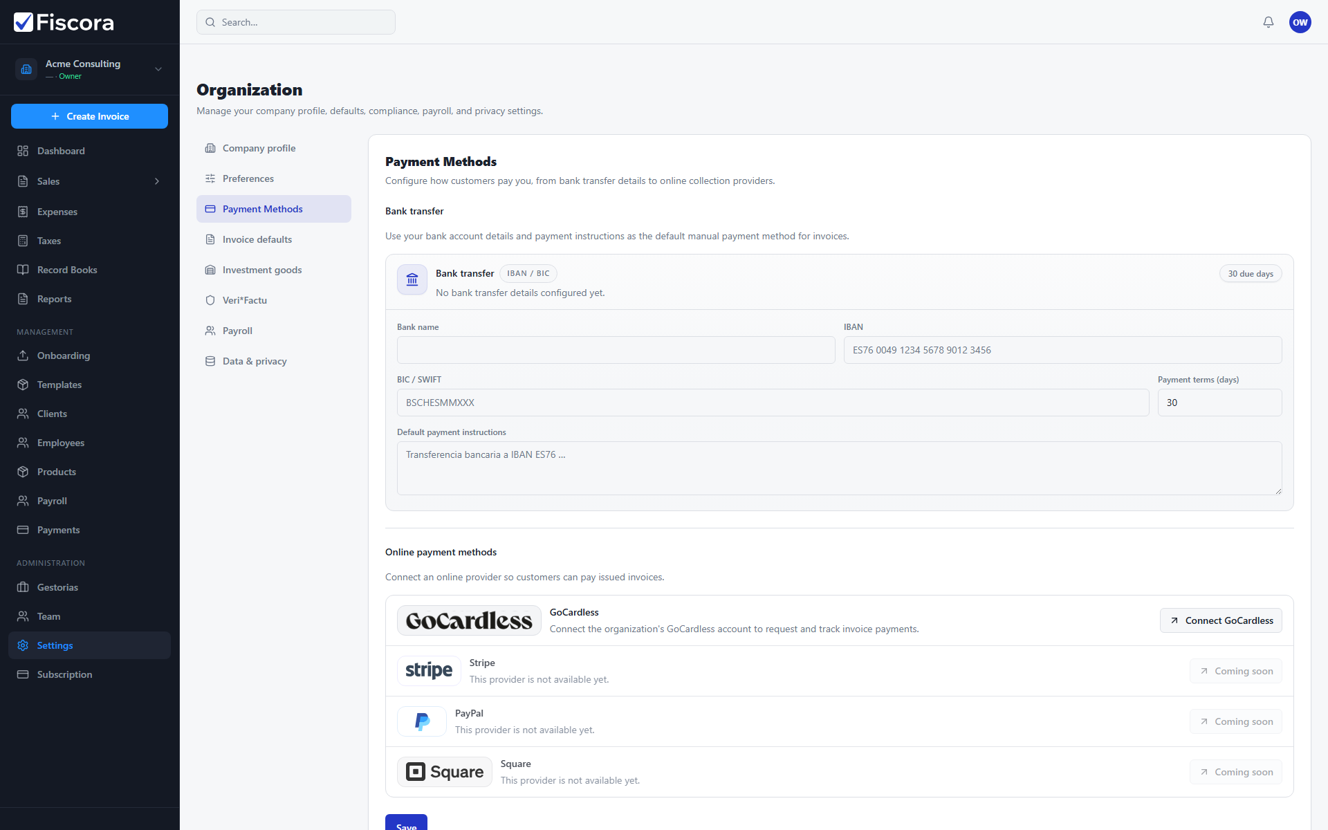 Payment Methods settings with bank transfer and Connect GoCardless options.