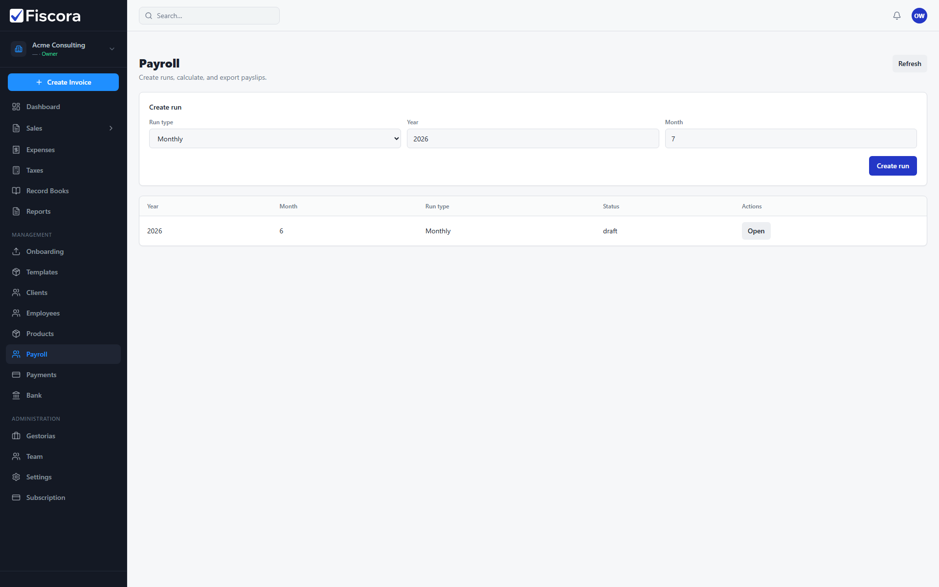 Payroll page with Create run form and an existing payroll run in the list.