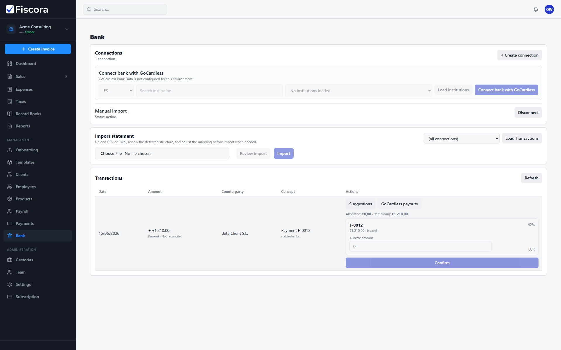 Bank page showing transactions, invoice match suggestions, and Confirm action.