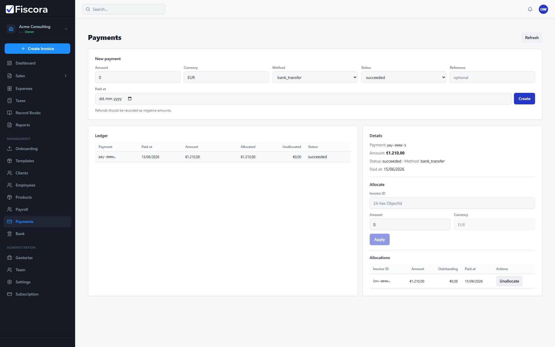 Payments page with ledger, new payment form, and invoice allocations for a selected payment.