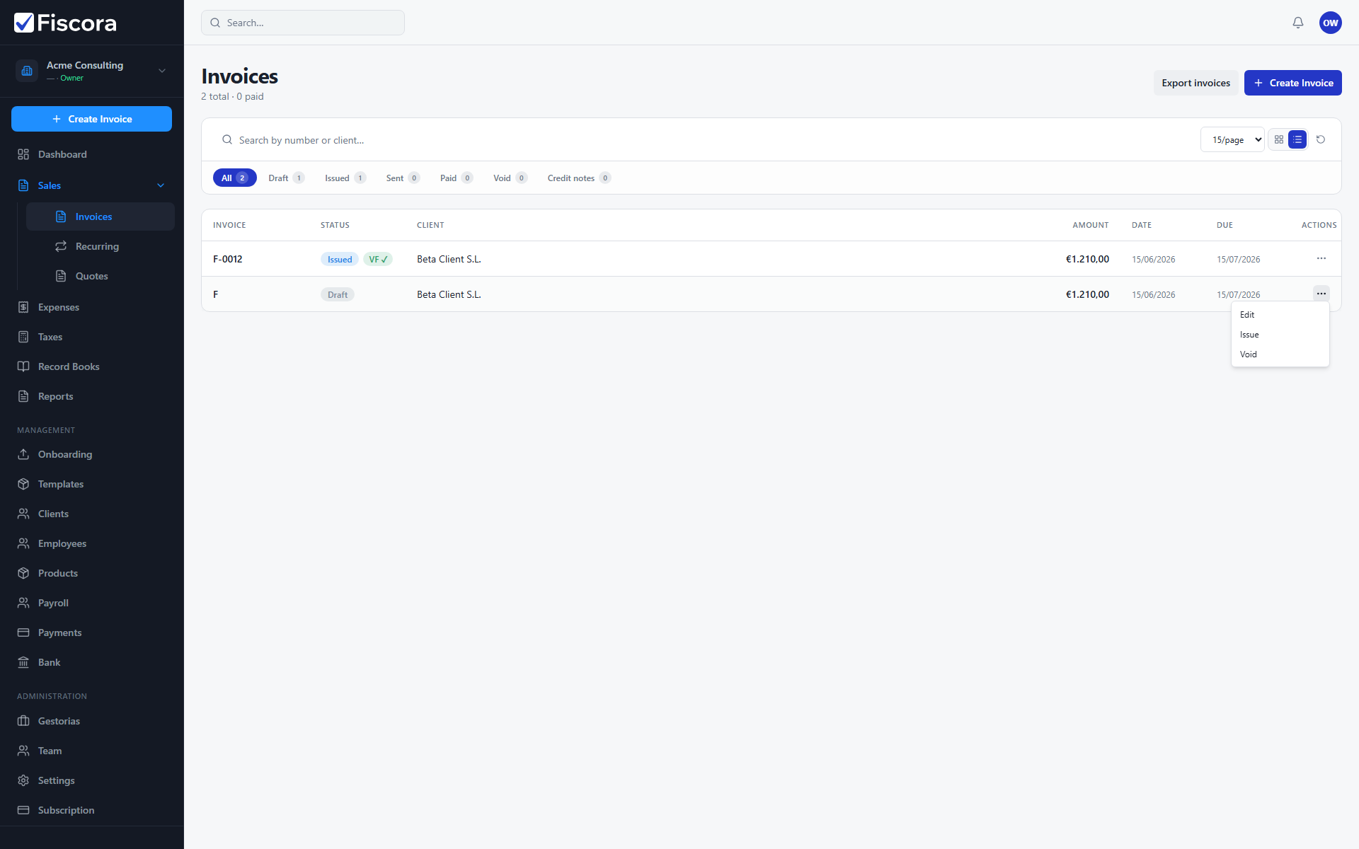 Invoices draft tab with row actions menu showing Void option.