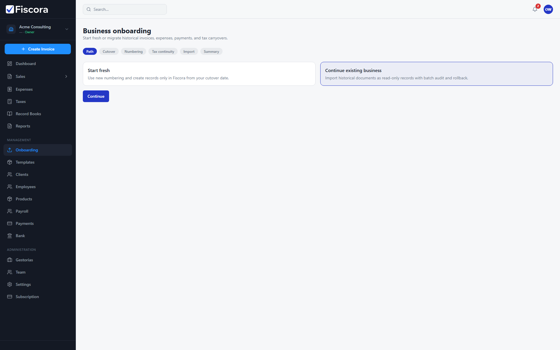 Business onboarding wizard with Start fresh and Continue existing business options.