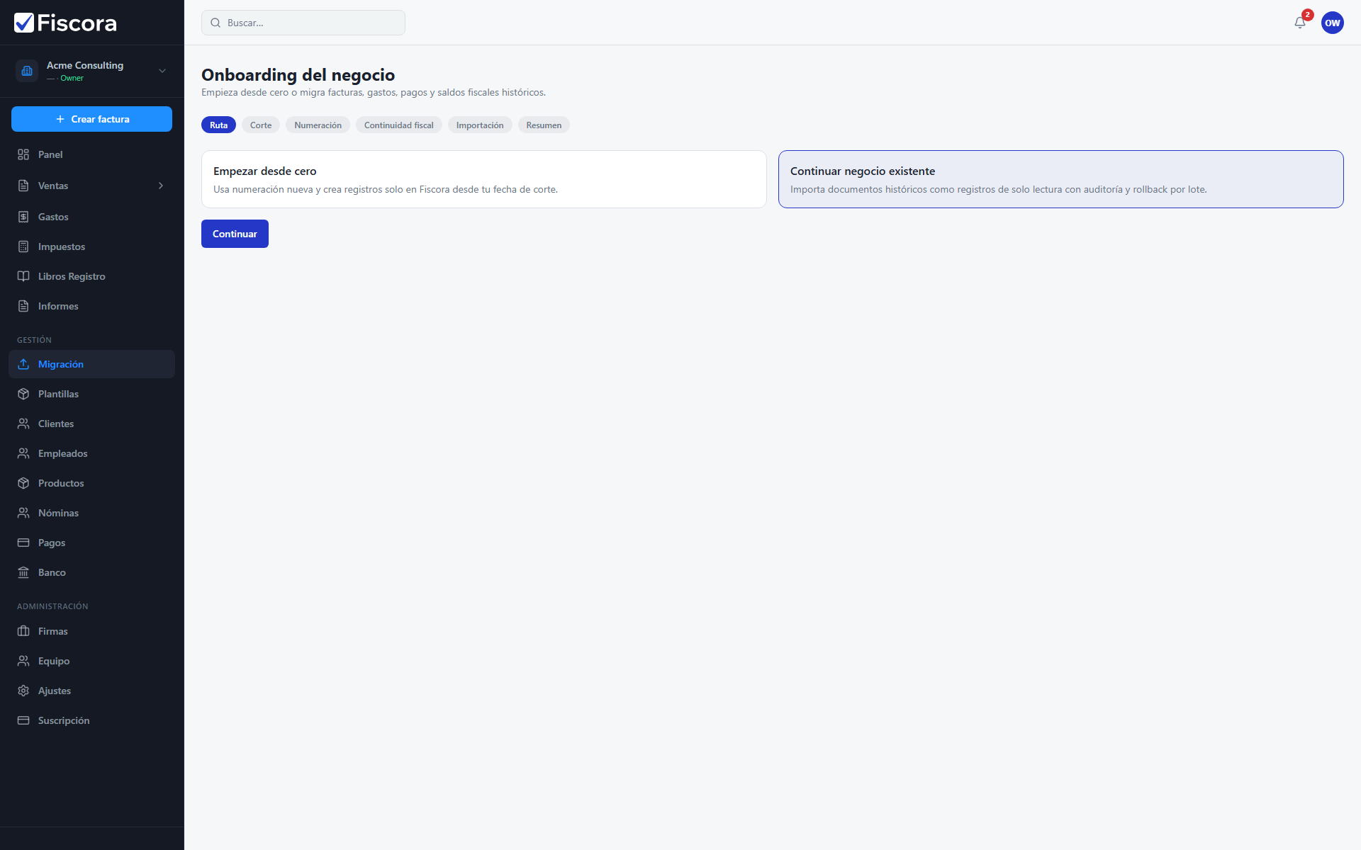 Asistente de onboarding del negocio con opciones Empezar desde cero y Continuar negocio existente.