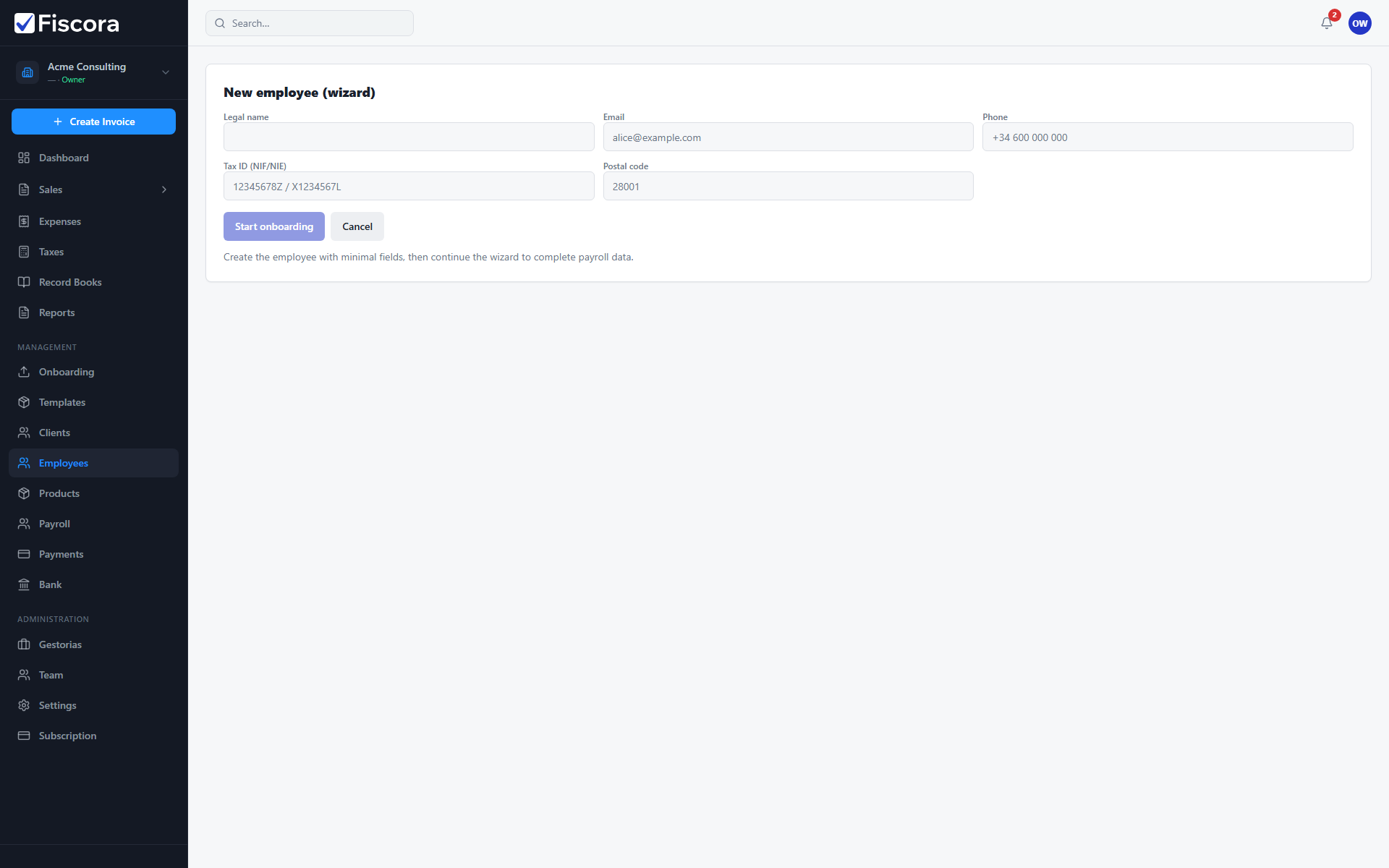 New employee wizard with legal name, tax ID, and Start onboarding action.