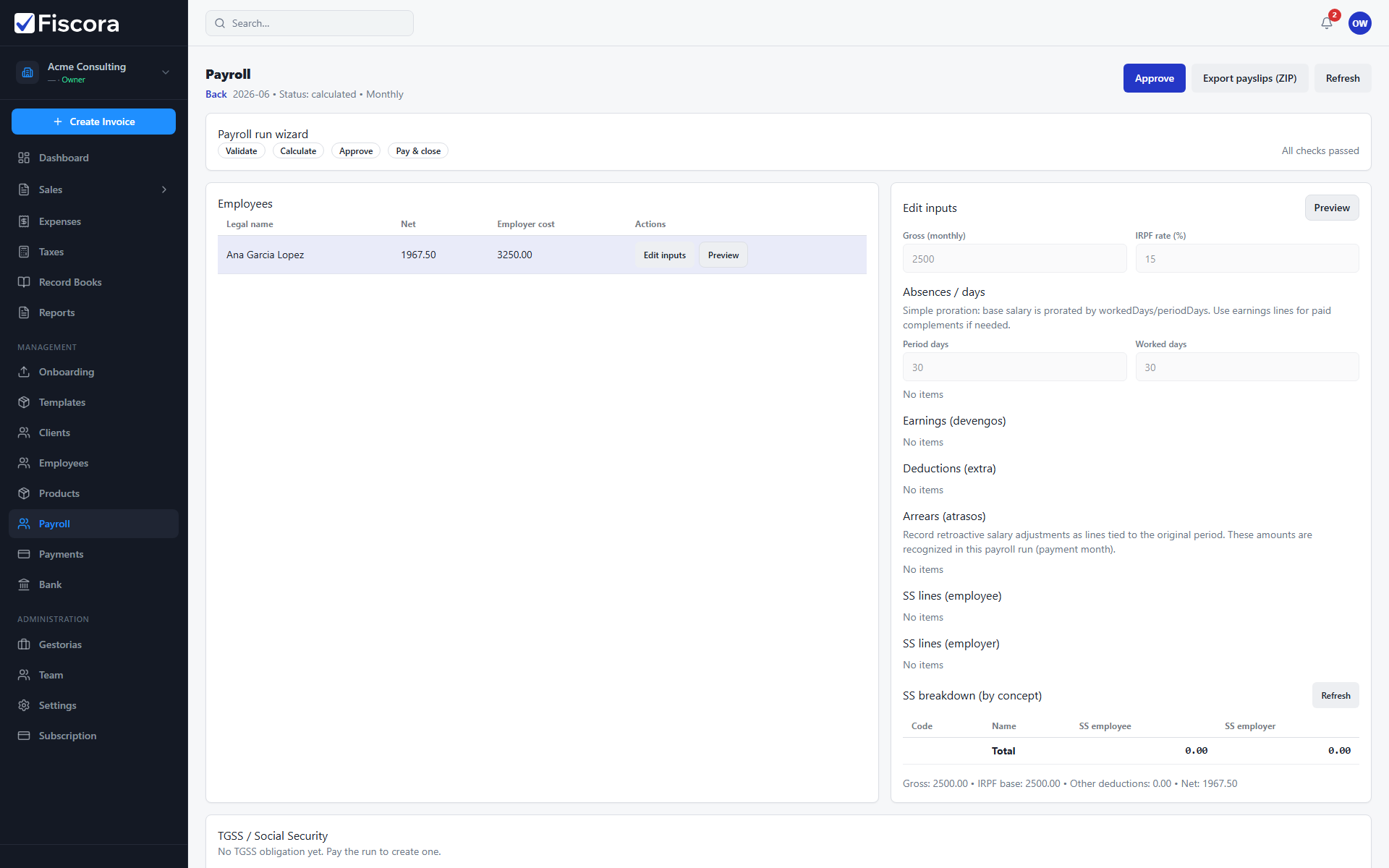 Payroll run detail with employee net pay and Approve action.