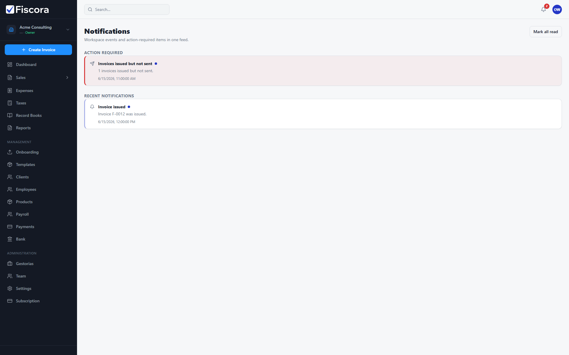 Notifications page with Action required and Recent notifications sections.