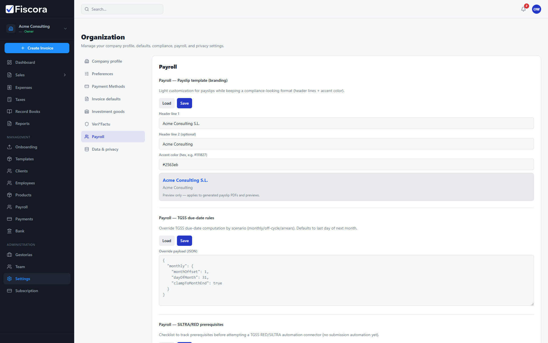 Organization payroll settings with payslip template branding fields.