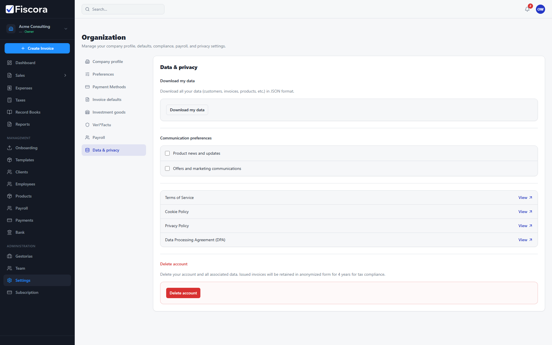 Data and privacy settings with Download my data action.