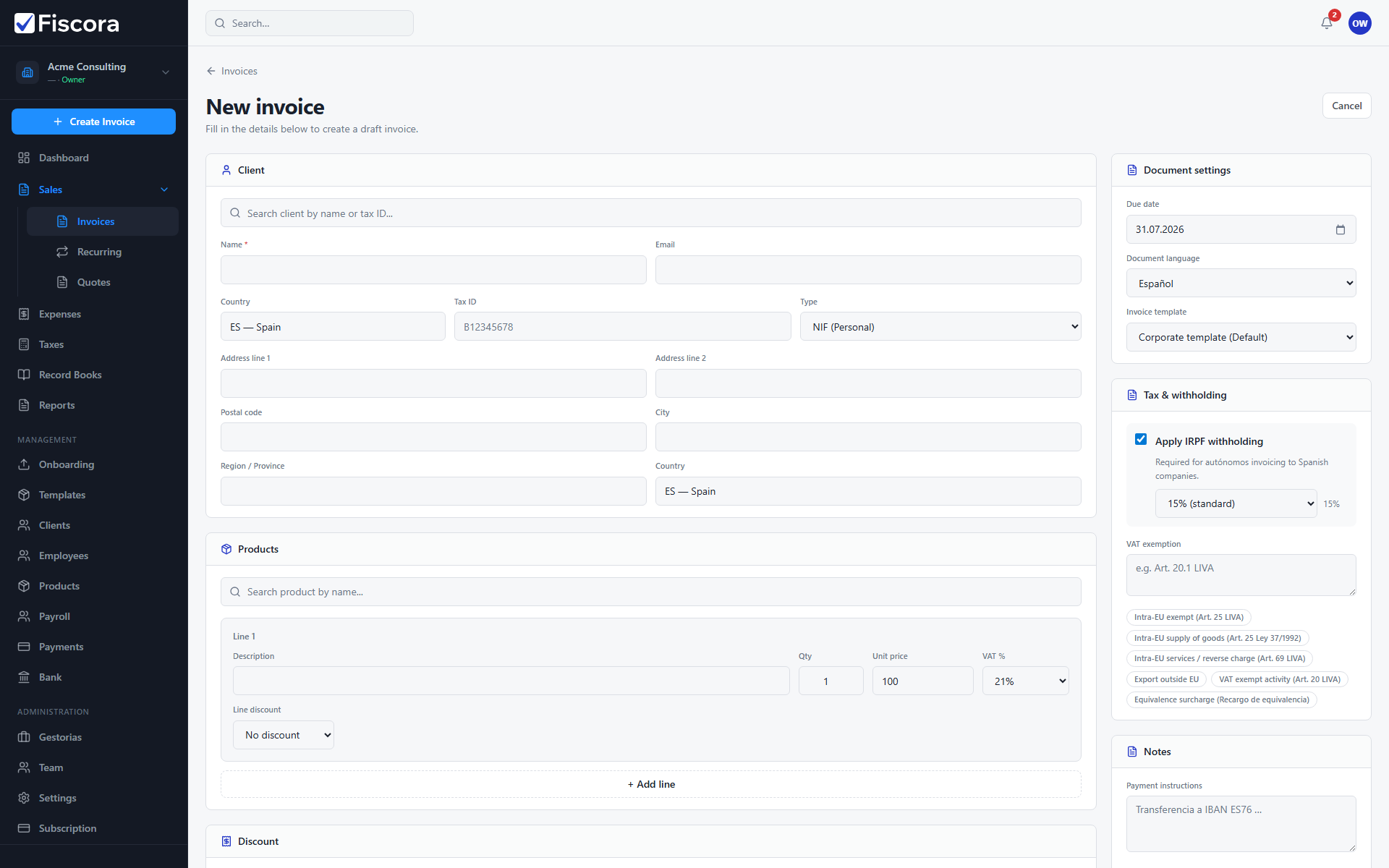 New invoice editor with Create Invoice action.