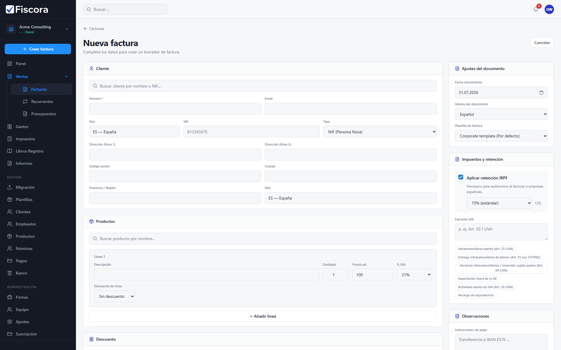 Editor de factura nueva con acción Crear factura.