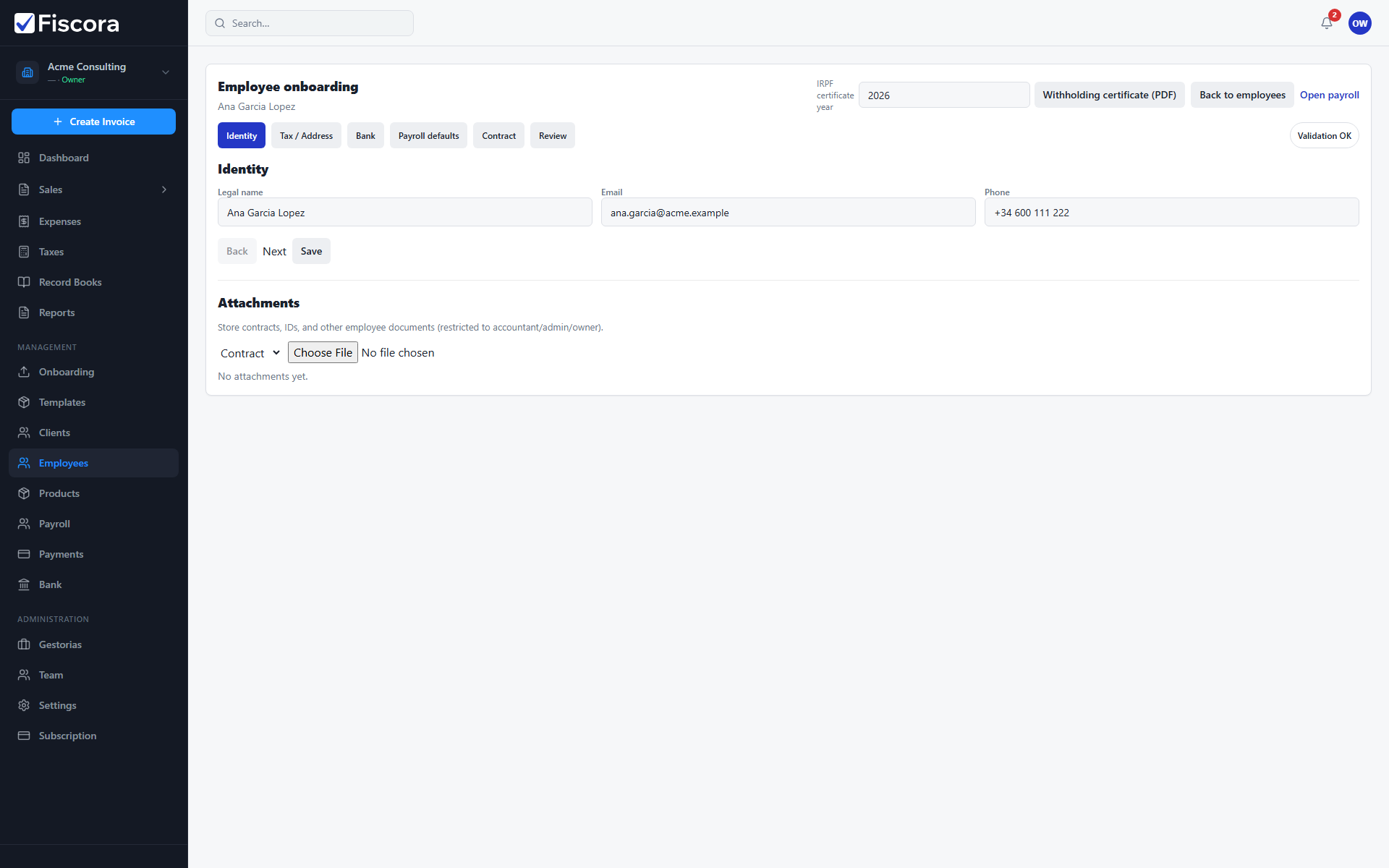 Employee onboarding profile with Identity step and legal name field.