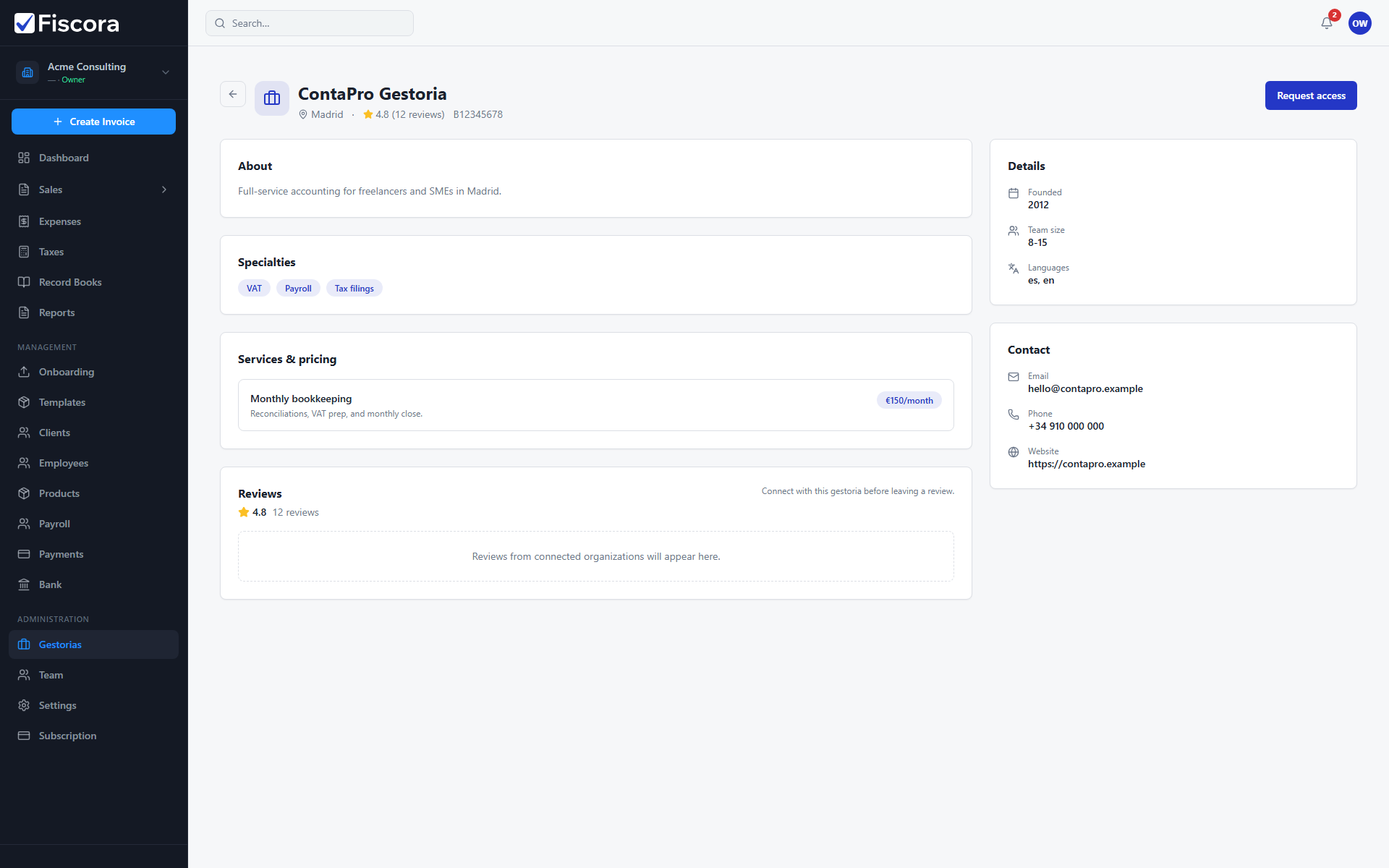 Gestoria catalog profile with About, Services, and Request access.