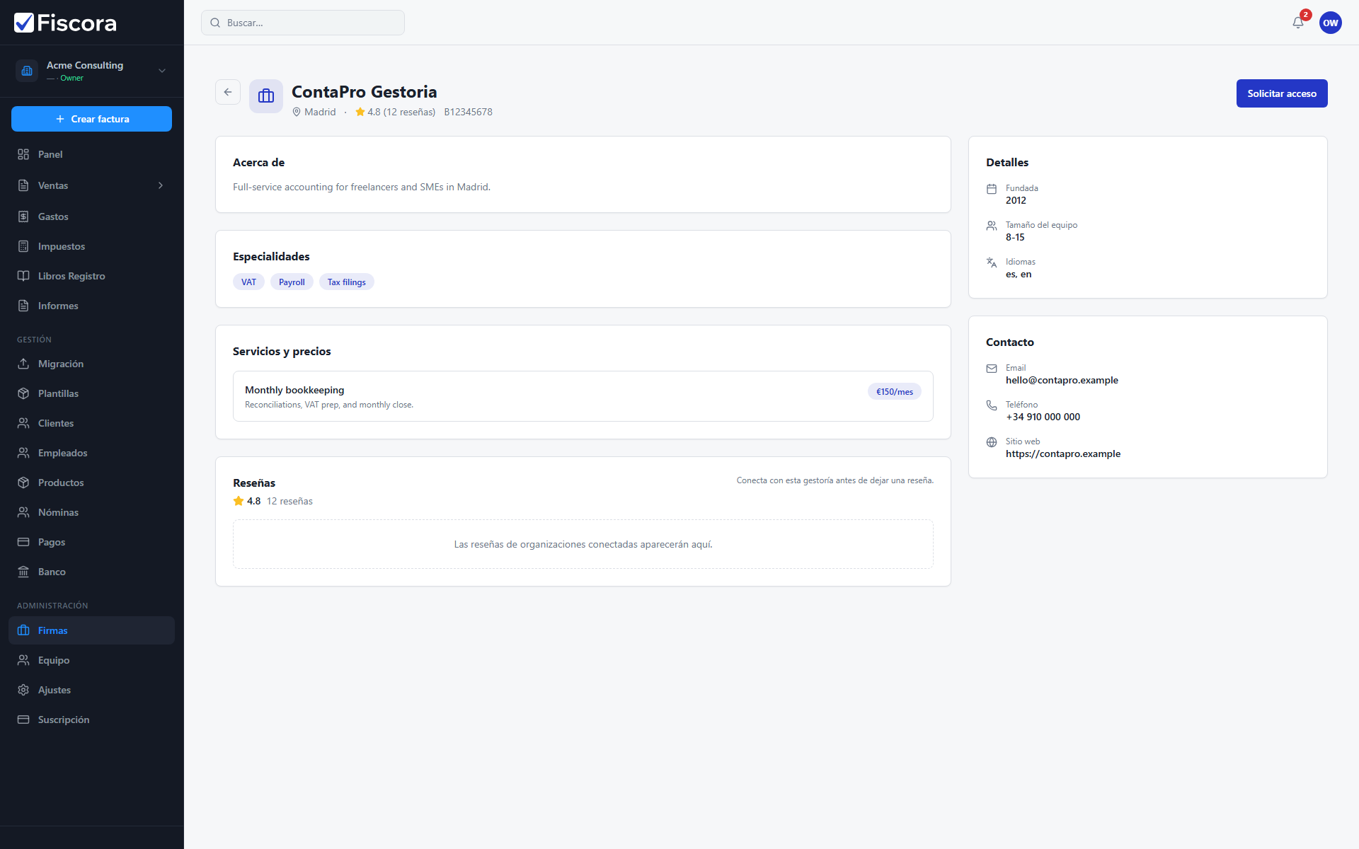 Perfil de gestoría del catálogo con Acerca de, Servicios y Solicitar acceso.
