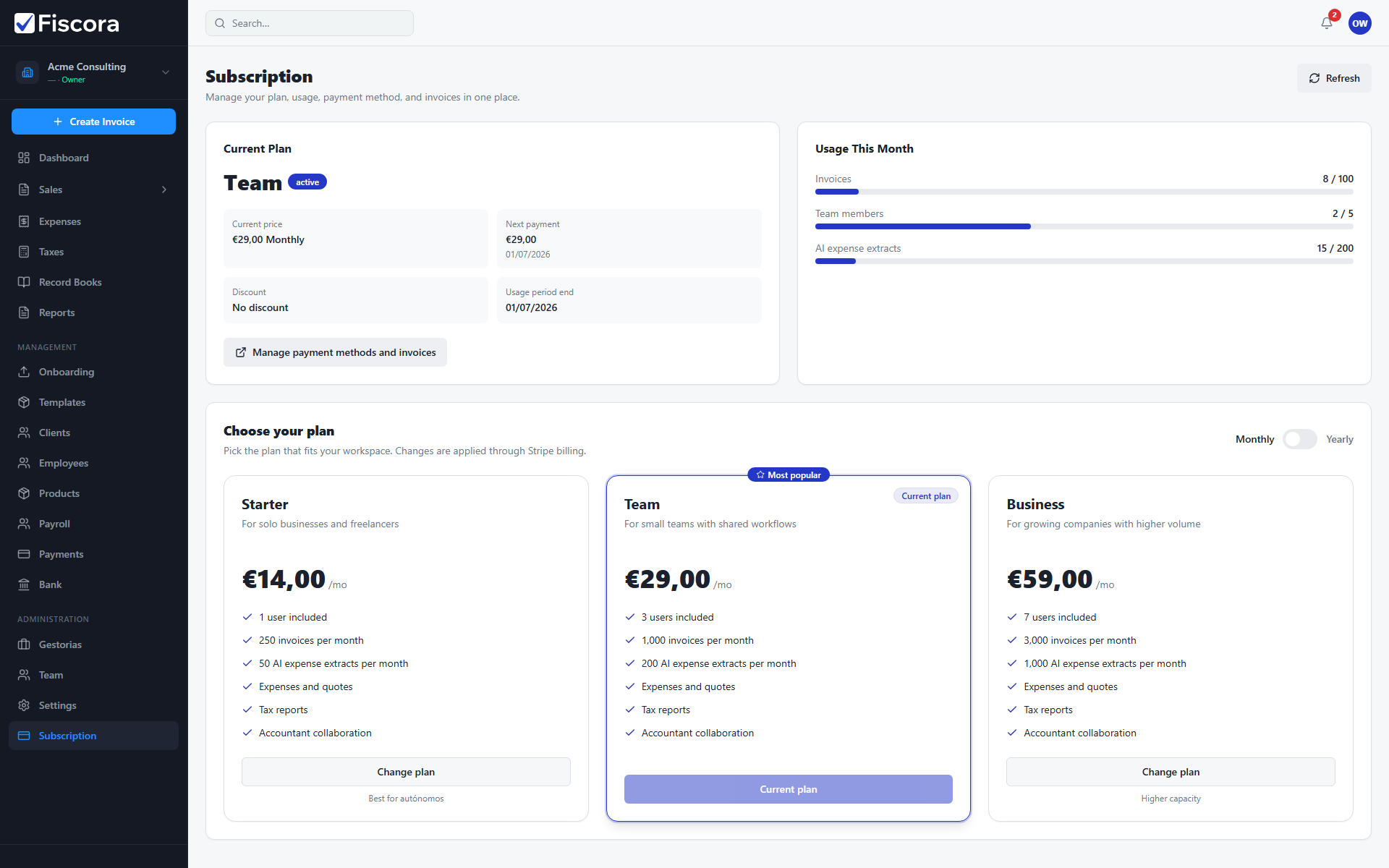 Subscription page with current plan, usage, and manage payment action.