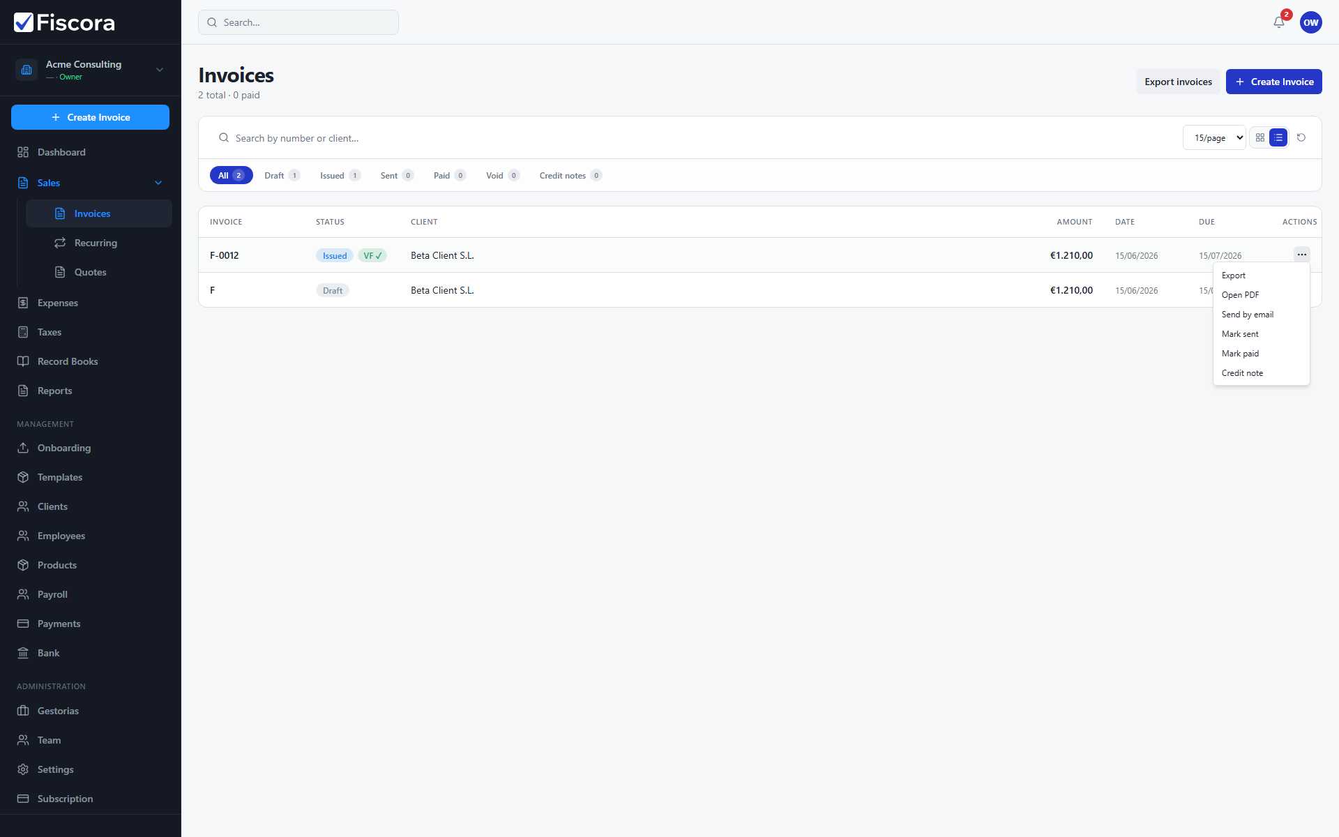 Invoices list with Credit note action visible in the row actions menu for an issued invoice.