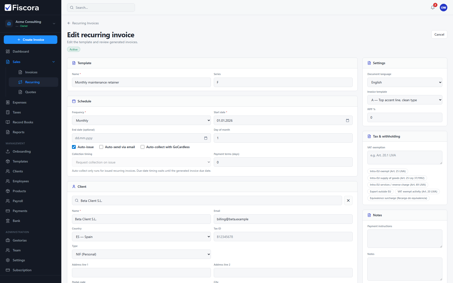 Edit recurring invoice screen with client snapshot and Save action.