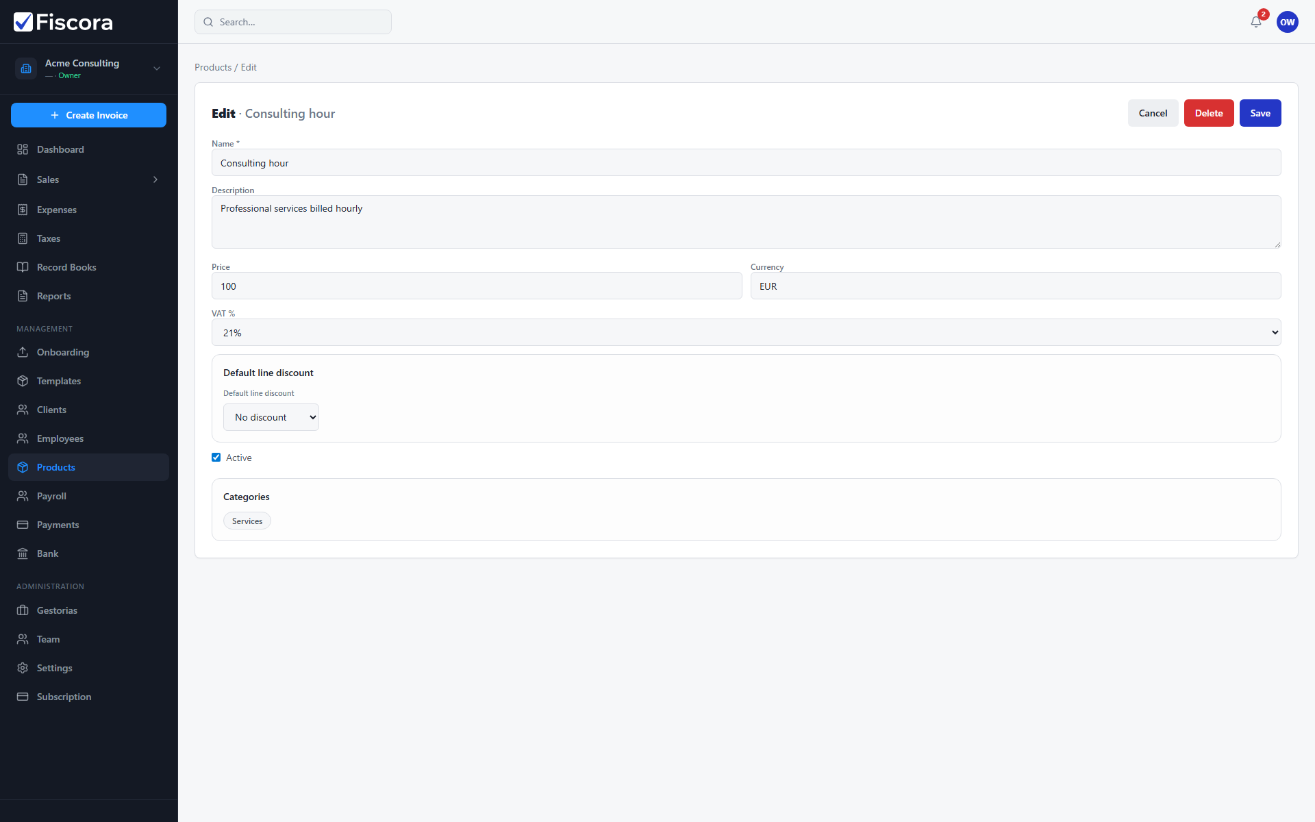 Product editor with name, price, VAT rate, and Save action.