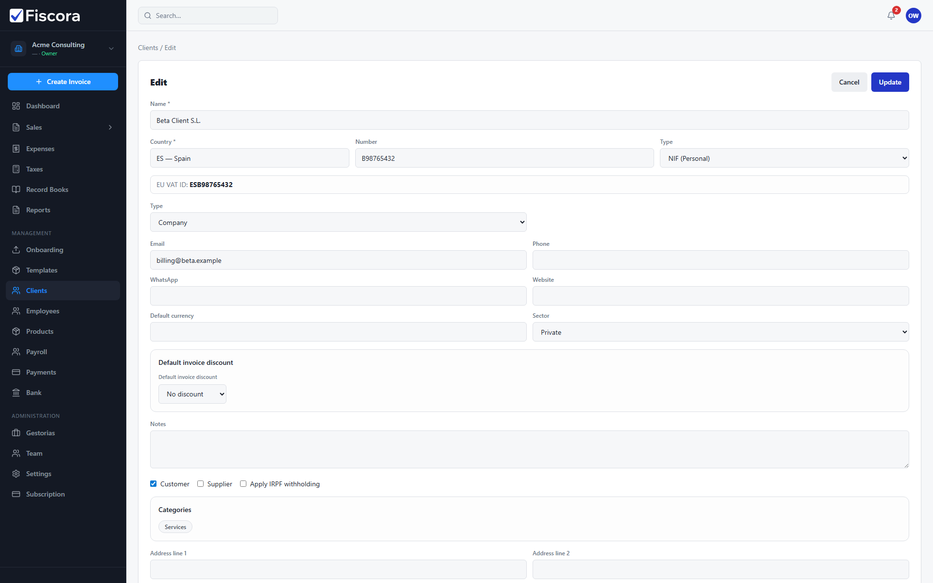 Client editor with name, tax ID, email, and billing fields for an existing customer.