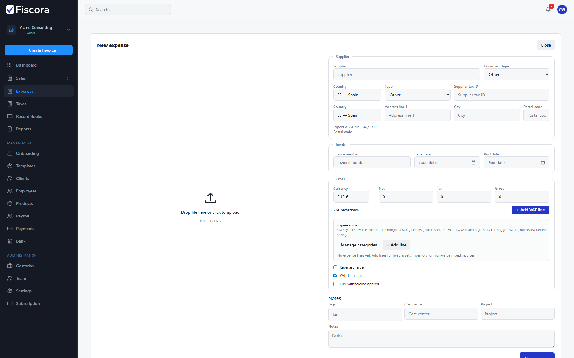 New expense manual entry form with supplier field and create action.