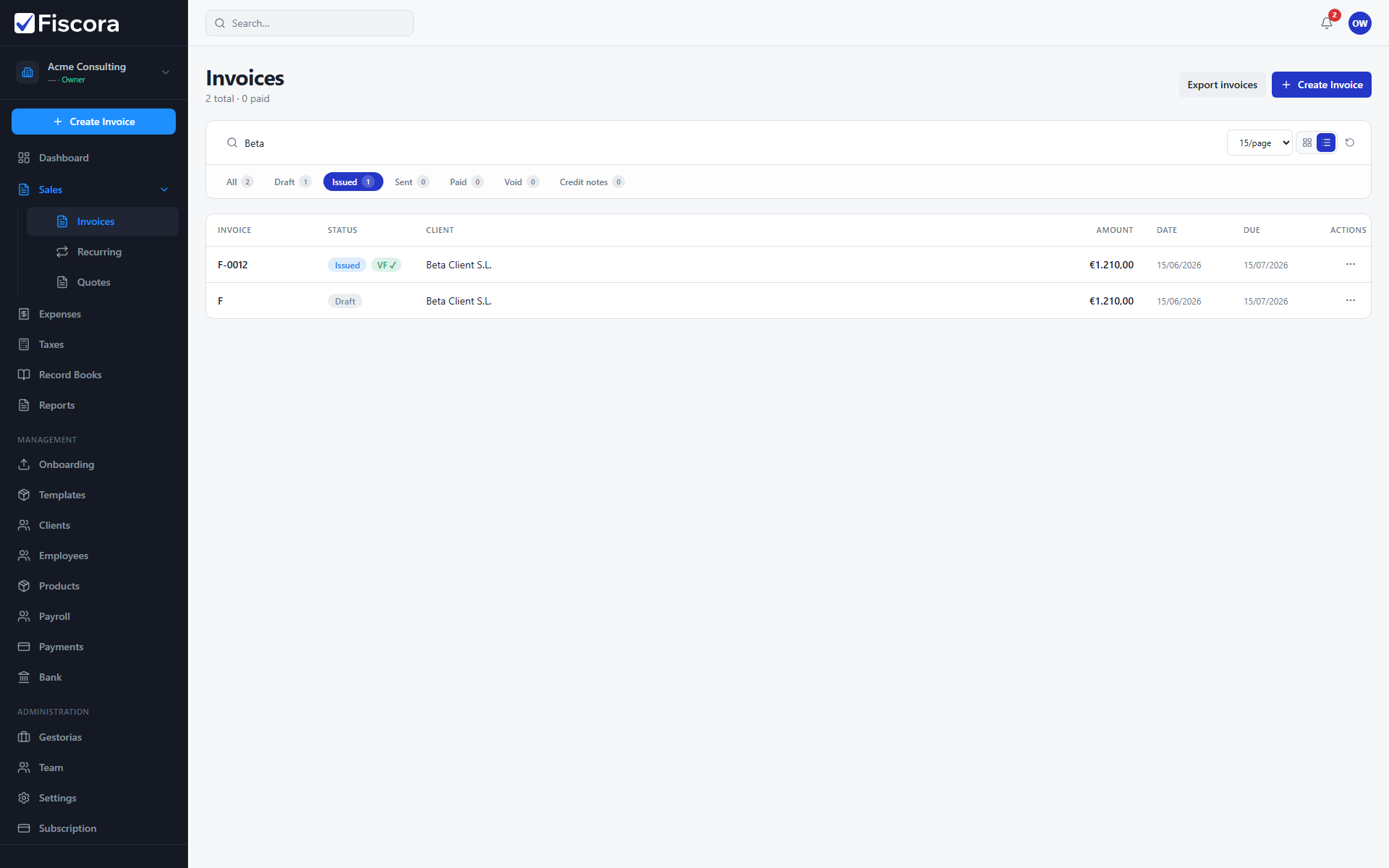 Invoices list with search field, Issued status tab selected, and filtered results.