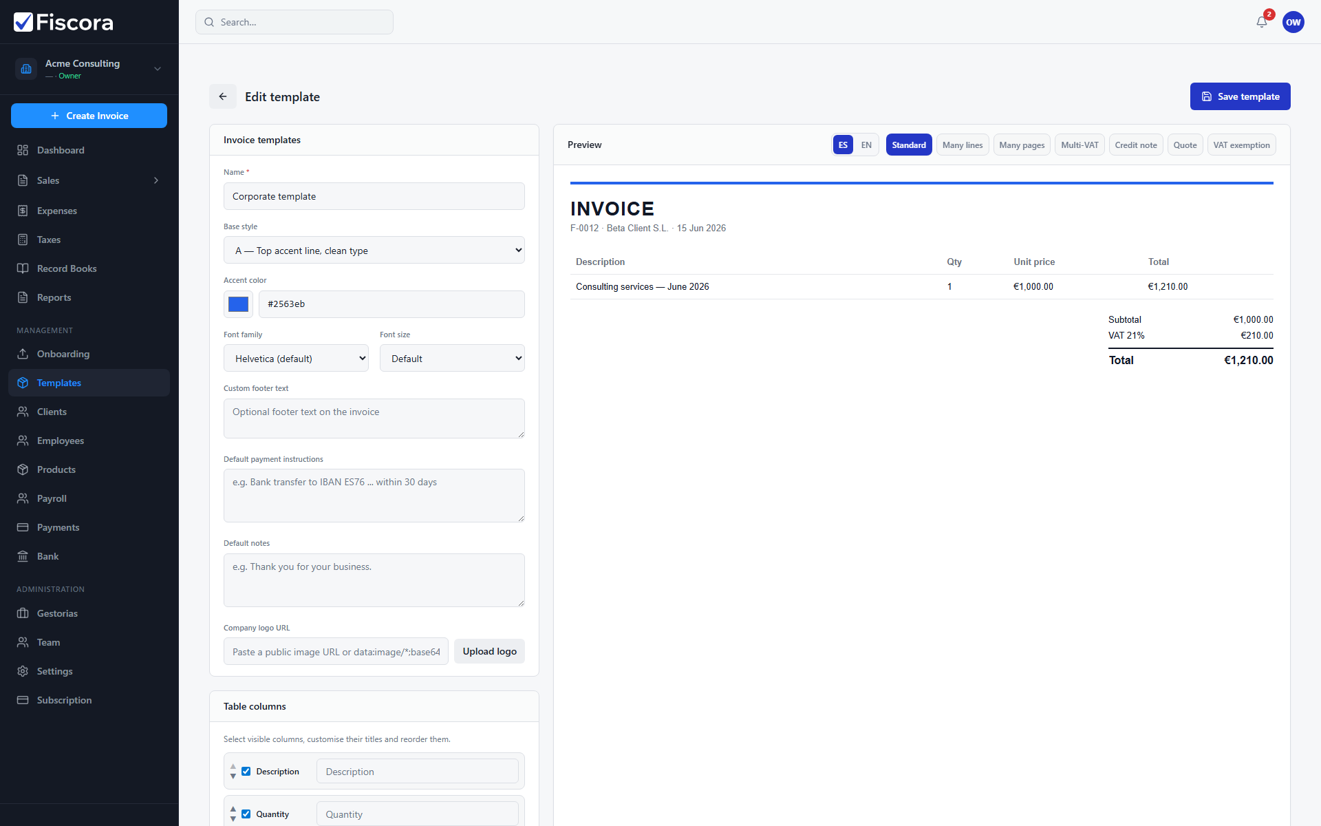 Invoice template editor with base style, accent color, and Save template action.