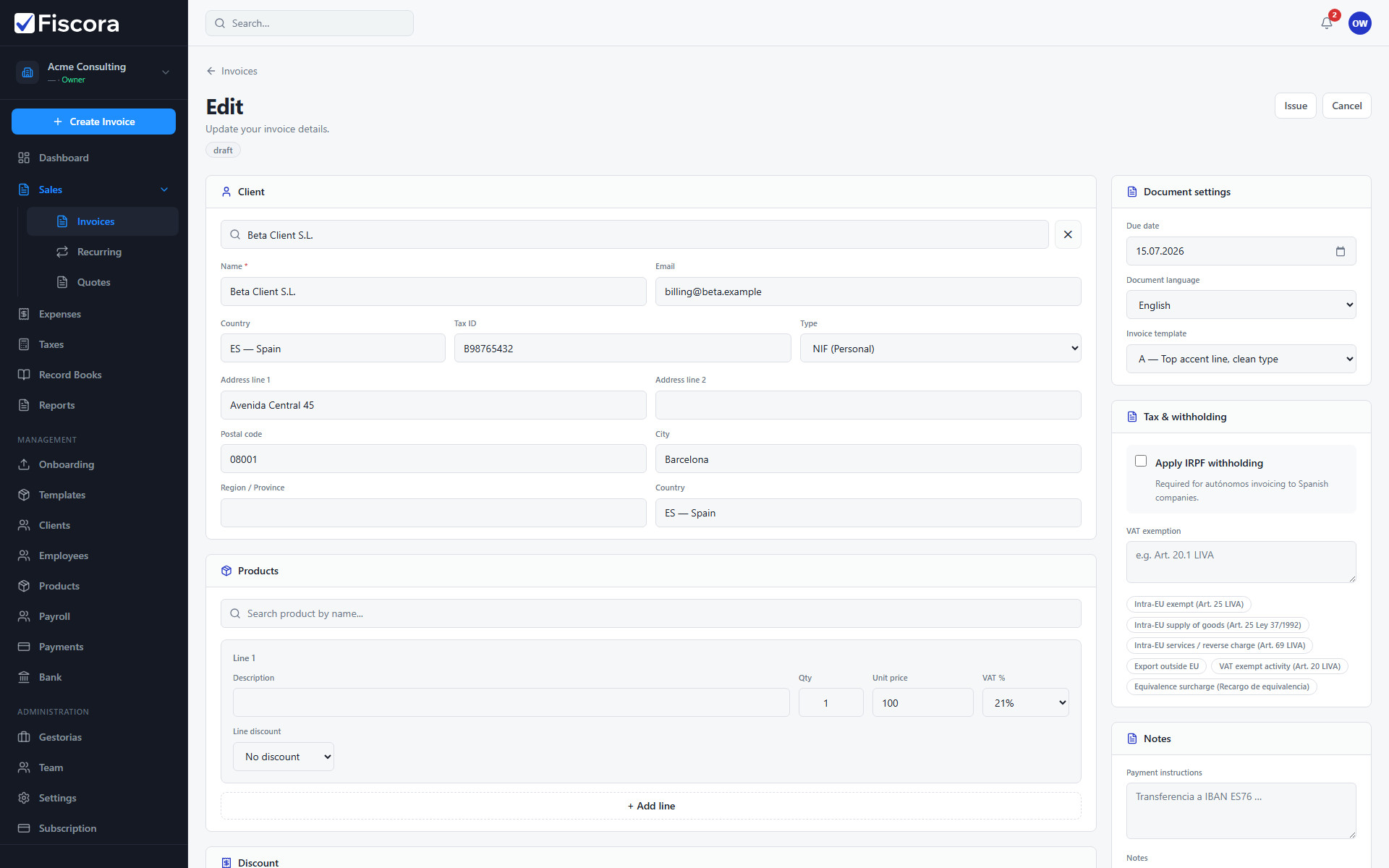 Draft invoice editor with client fields and Update action.