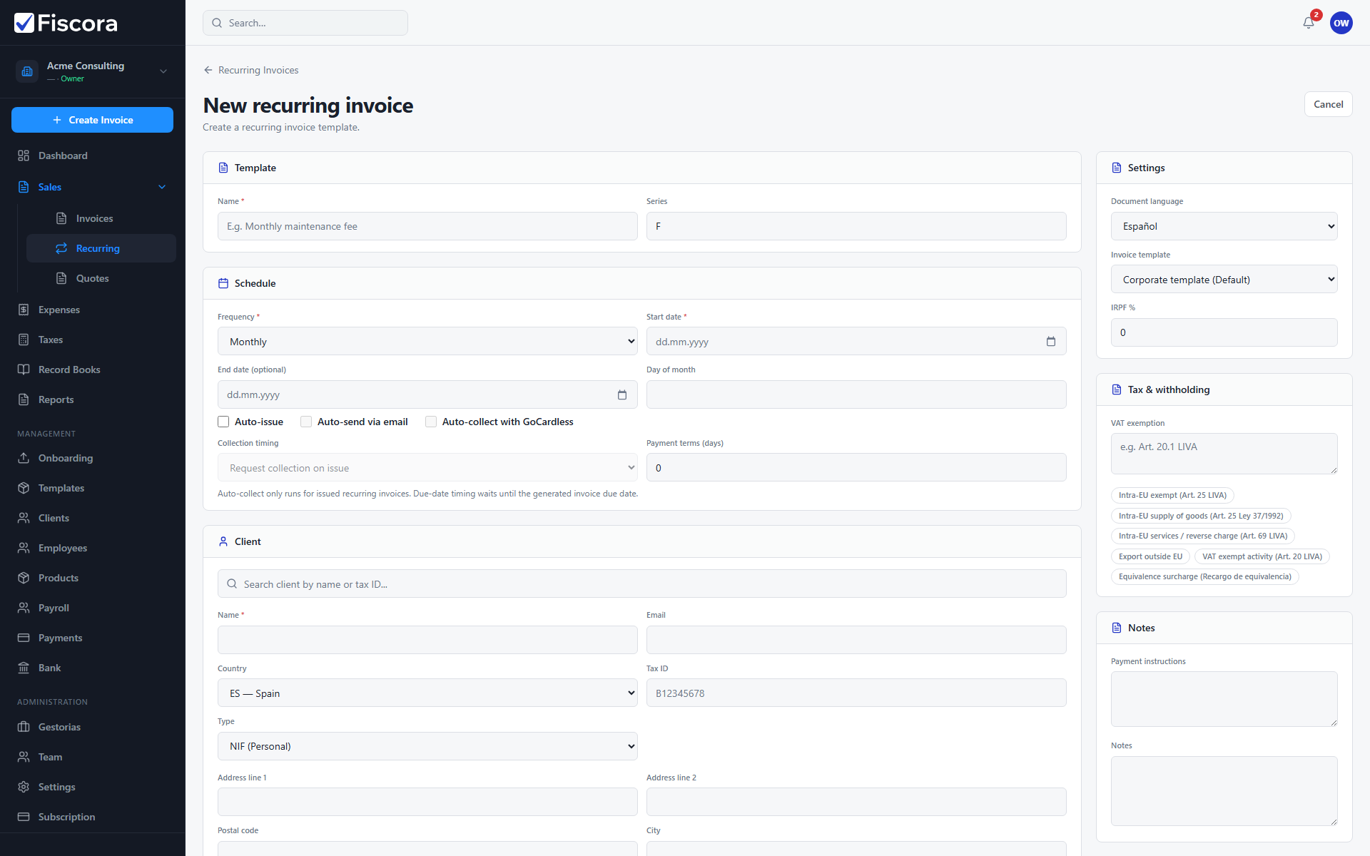 New recurring invoice form with schedule fields and Save action.
