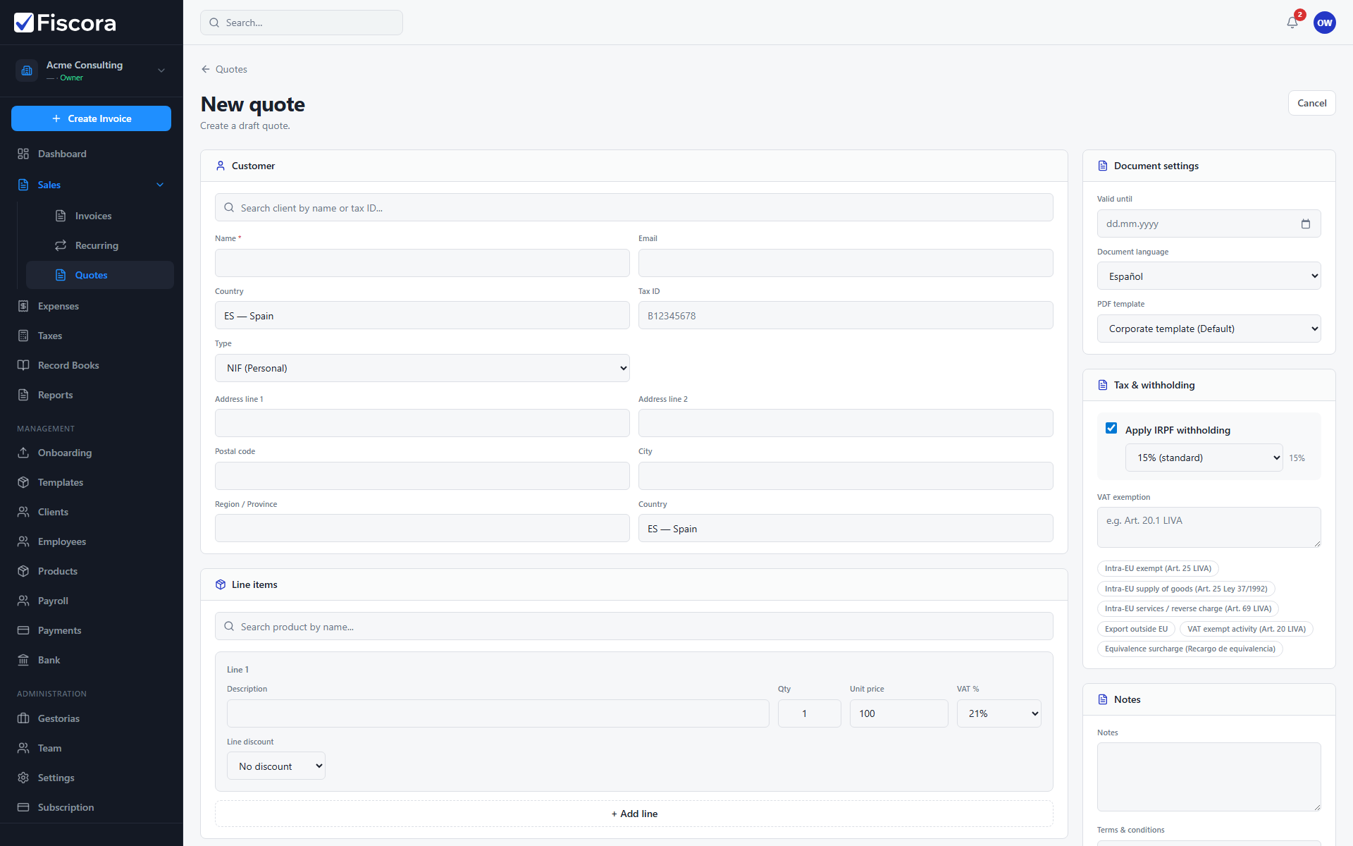 New quote editor with client selector and create action.