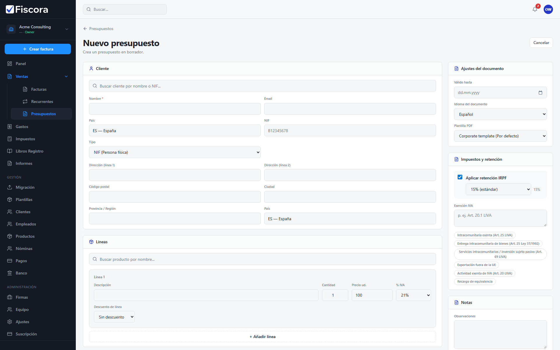 Editor de nuevo presupuesto con selector de cliente y acción crear.