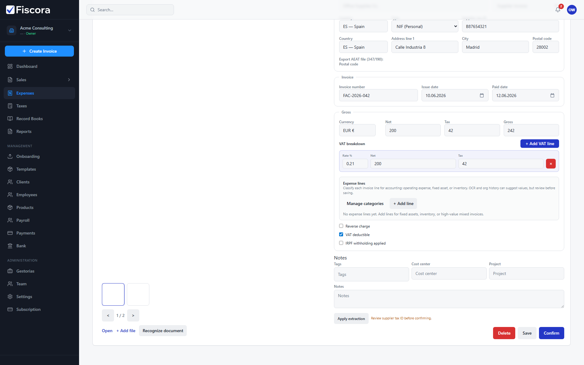 Expense review panel with Confirm action after fields are verified.