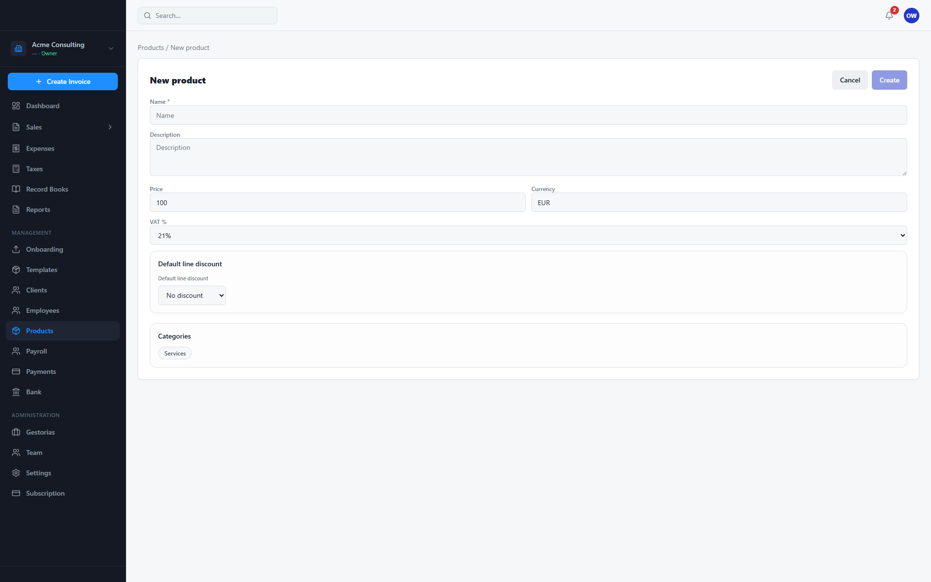 New product form with name, price, VAT rate, and Create action.