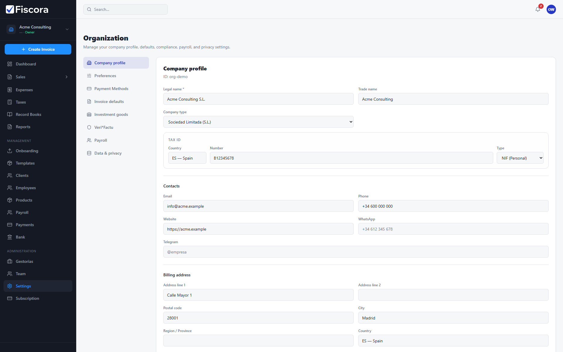 Organization company profile with Contacts section showing email, phone, and website fields.